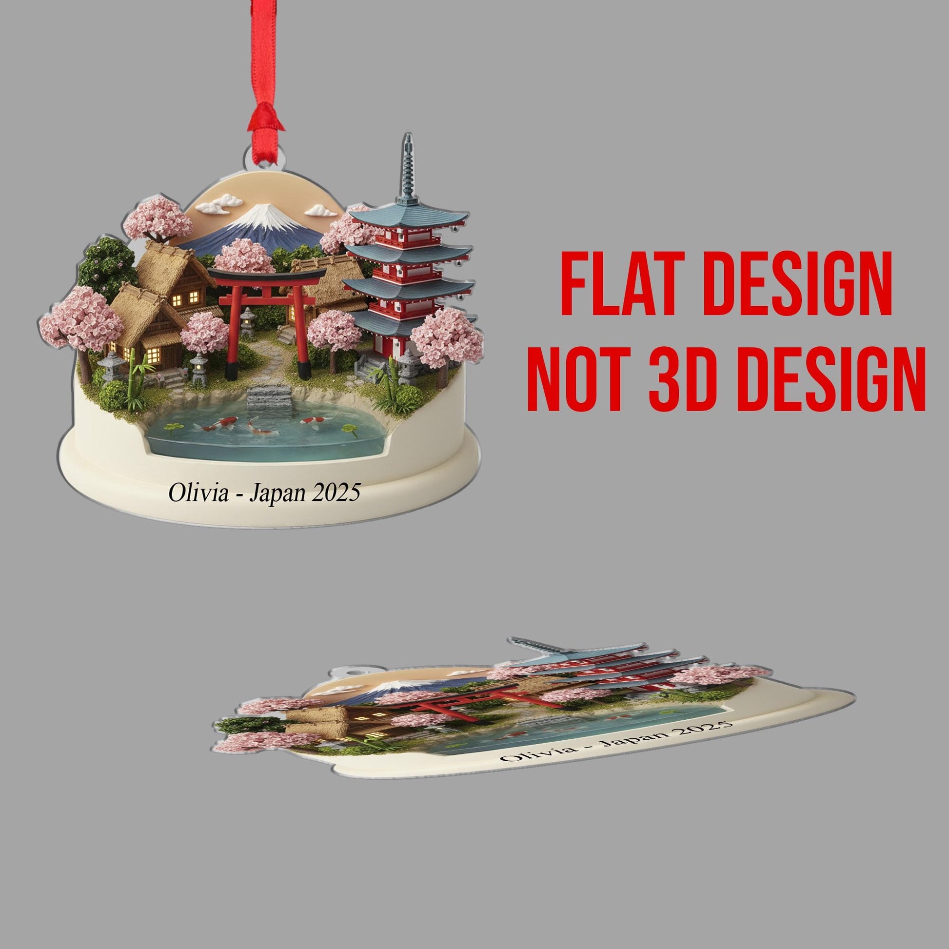 Japan Travel Ornament - Personalized Cherry Blossom Village Keepsake, Koi Pond Pagoda Christmas Decor image 2