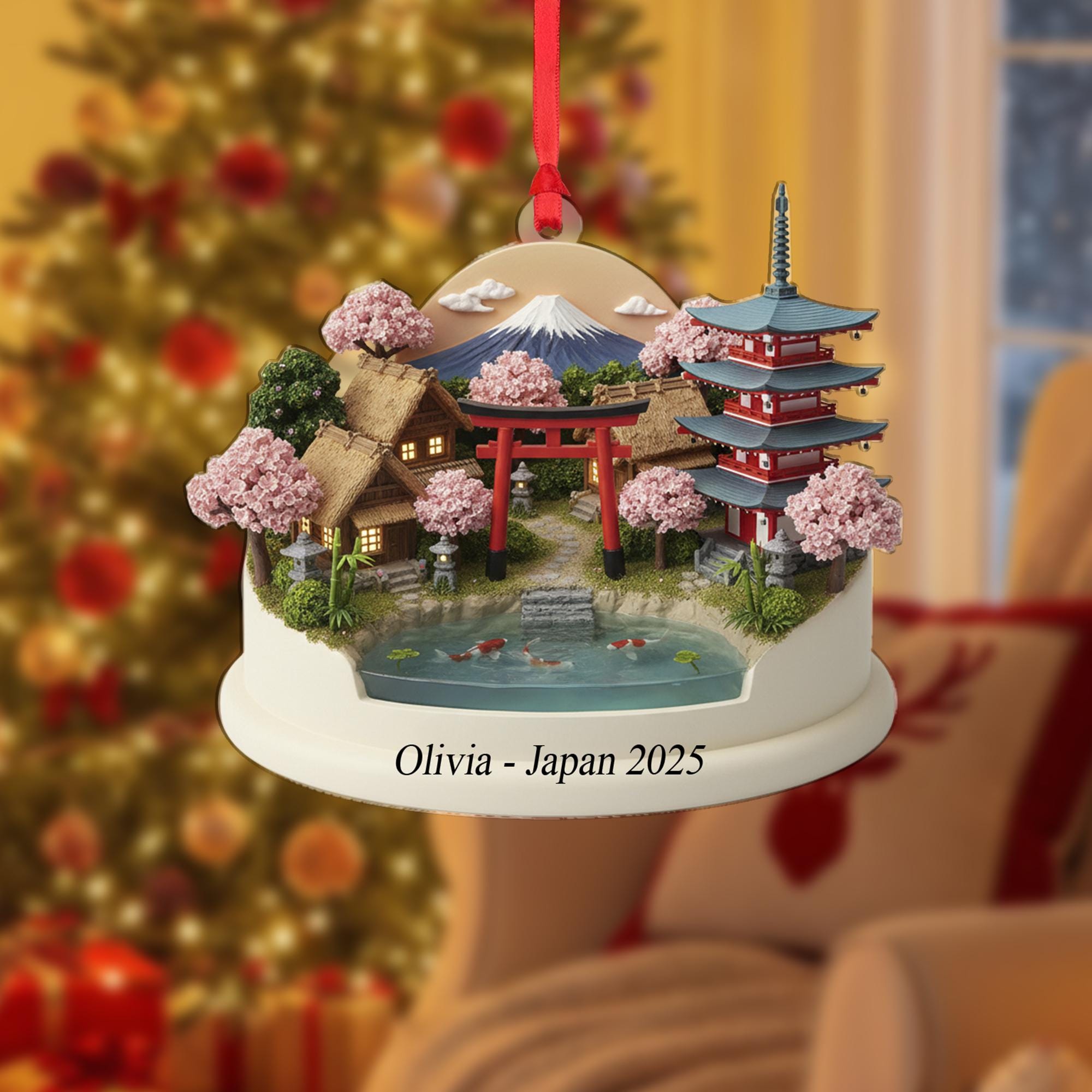 Japan Travel Ornament - Personalized Cherry Blossom Village Keepsake, Koi Pond Pagoda Christmas Decor image 7