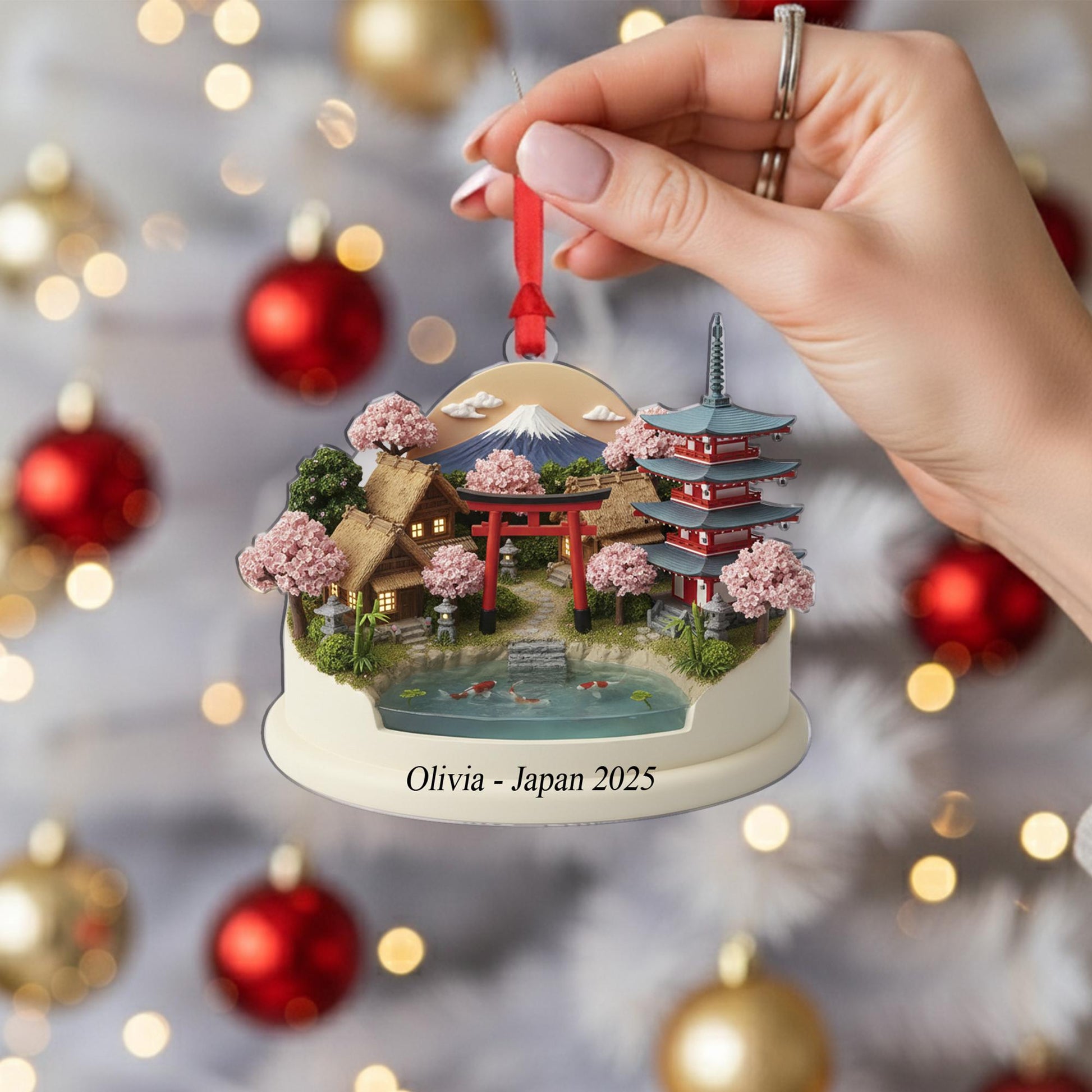 Japan Travel Ornament - Personalized Cherry Blossom Village Keepsake, Koi Pond Pagoda Christmas Decor image 5