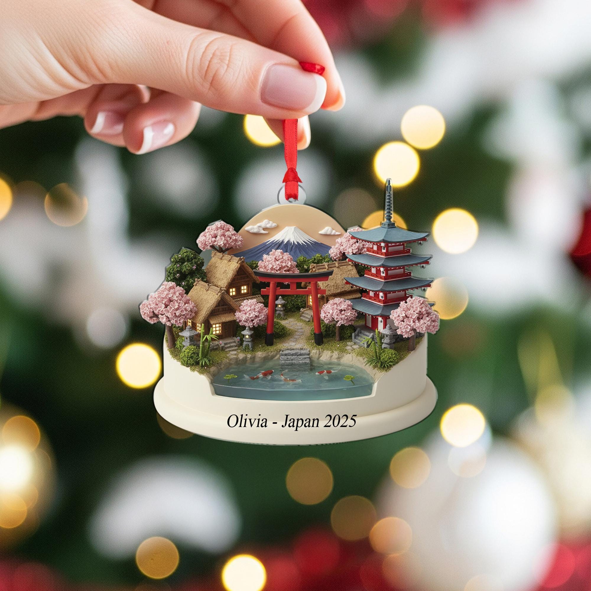 Japan Travel Ornament - Personalized Cherry Blossom Village Keepsake, Koi Pond Pagoda Christmas Decor image 4