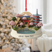 Japan Travel Ornament - Personalized Cherry Blossom Village Keepsake, Koi Pond Pagoda Christmas Decor image 1