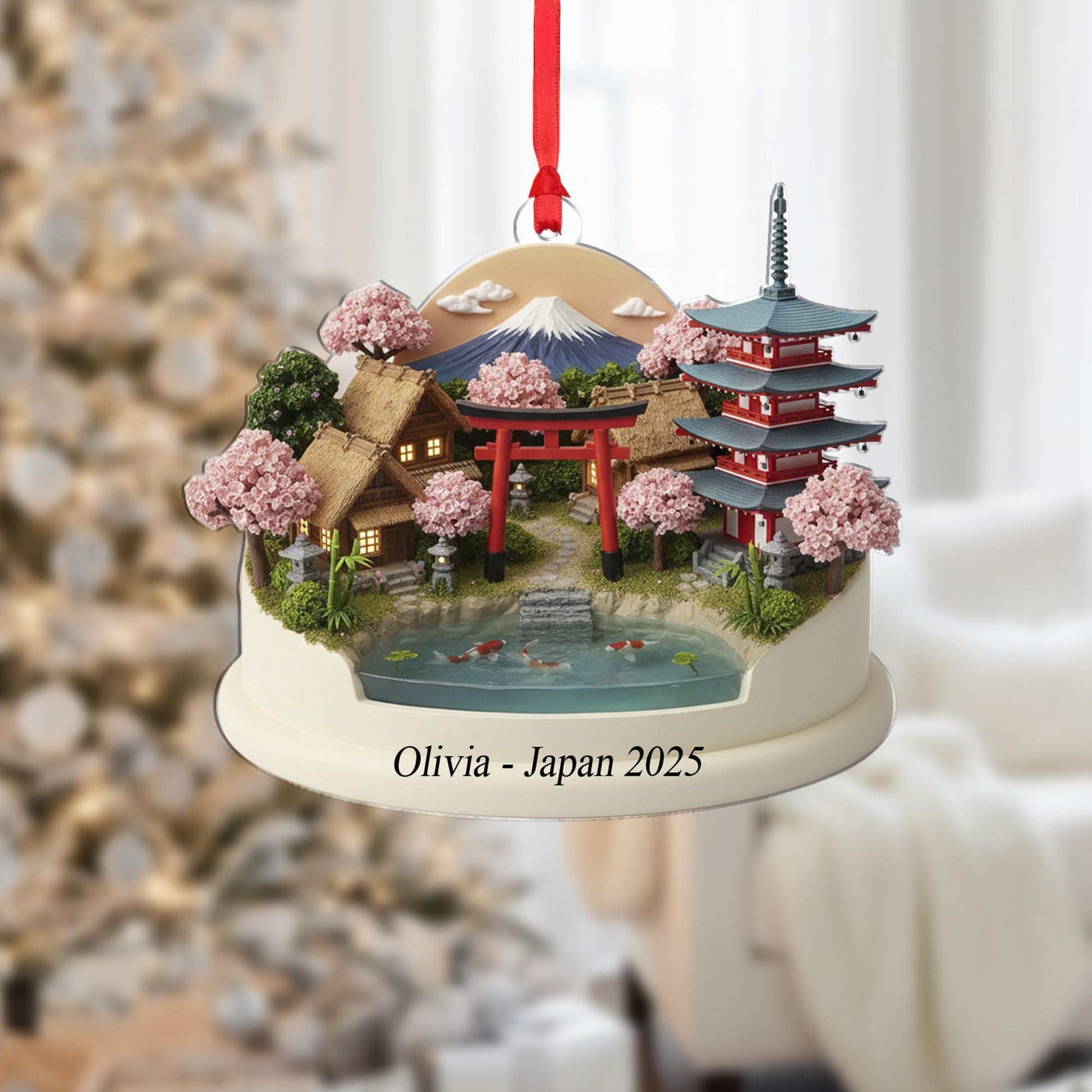 Japan Travel Ornament - Personalized Cherry Blossom Village Keepsake, Koi Pond Pagoda Christmas Decor image 1