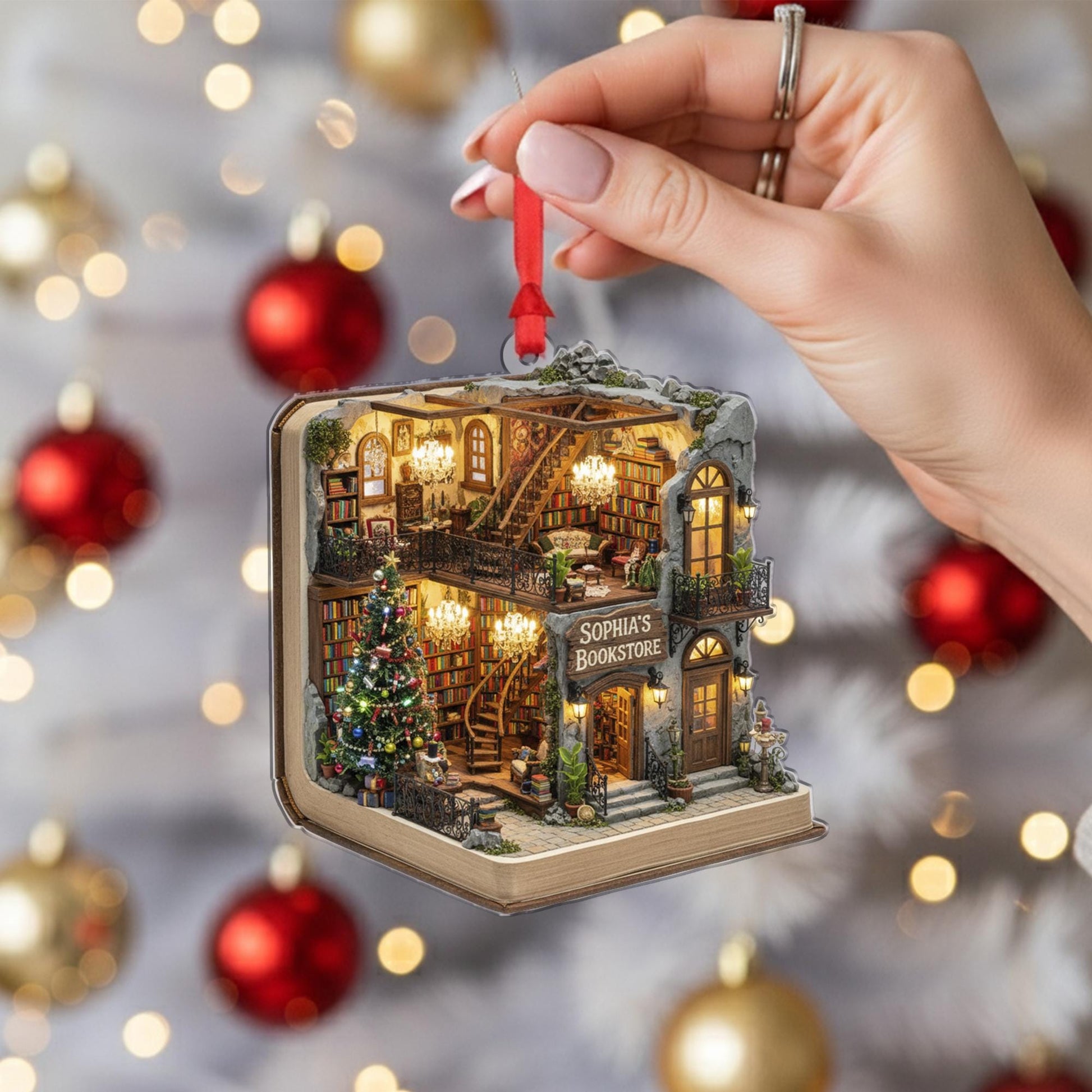 Personalized Bookstore Ornament: Custom Book Shop Christmas Decor, Cozy Library Keepsake image 1