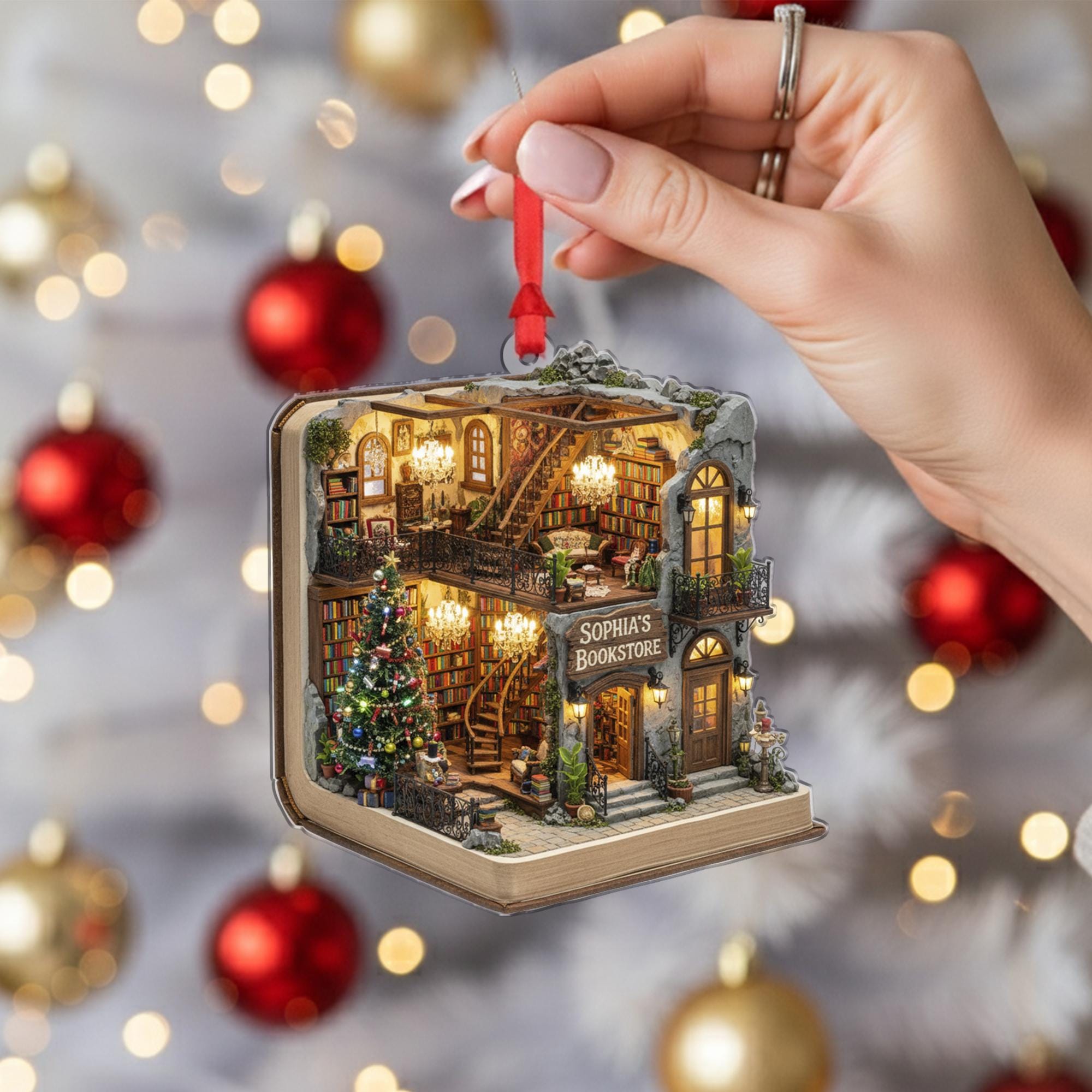 Personalized Bookstore Ornament: Custom Book Shop Christmas Decor, Cozy Library Keepsake image 1