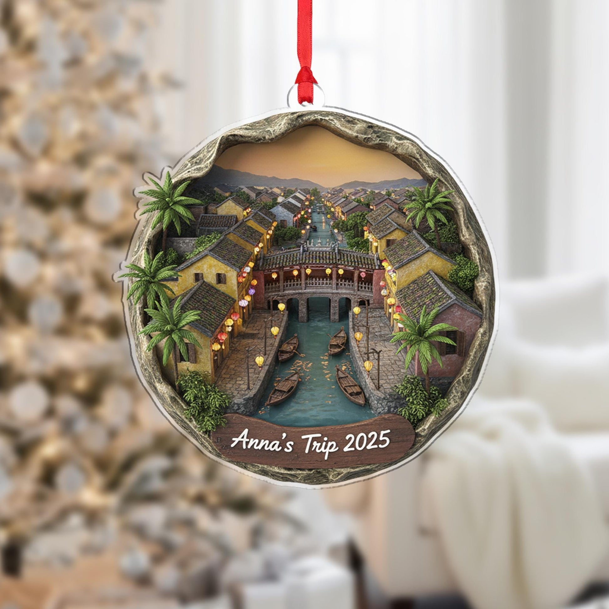 Personalized Hoi An Ornament, Vietnam Travel Keepsake, Canal Town Scene Decor image 7