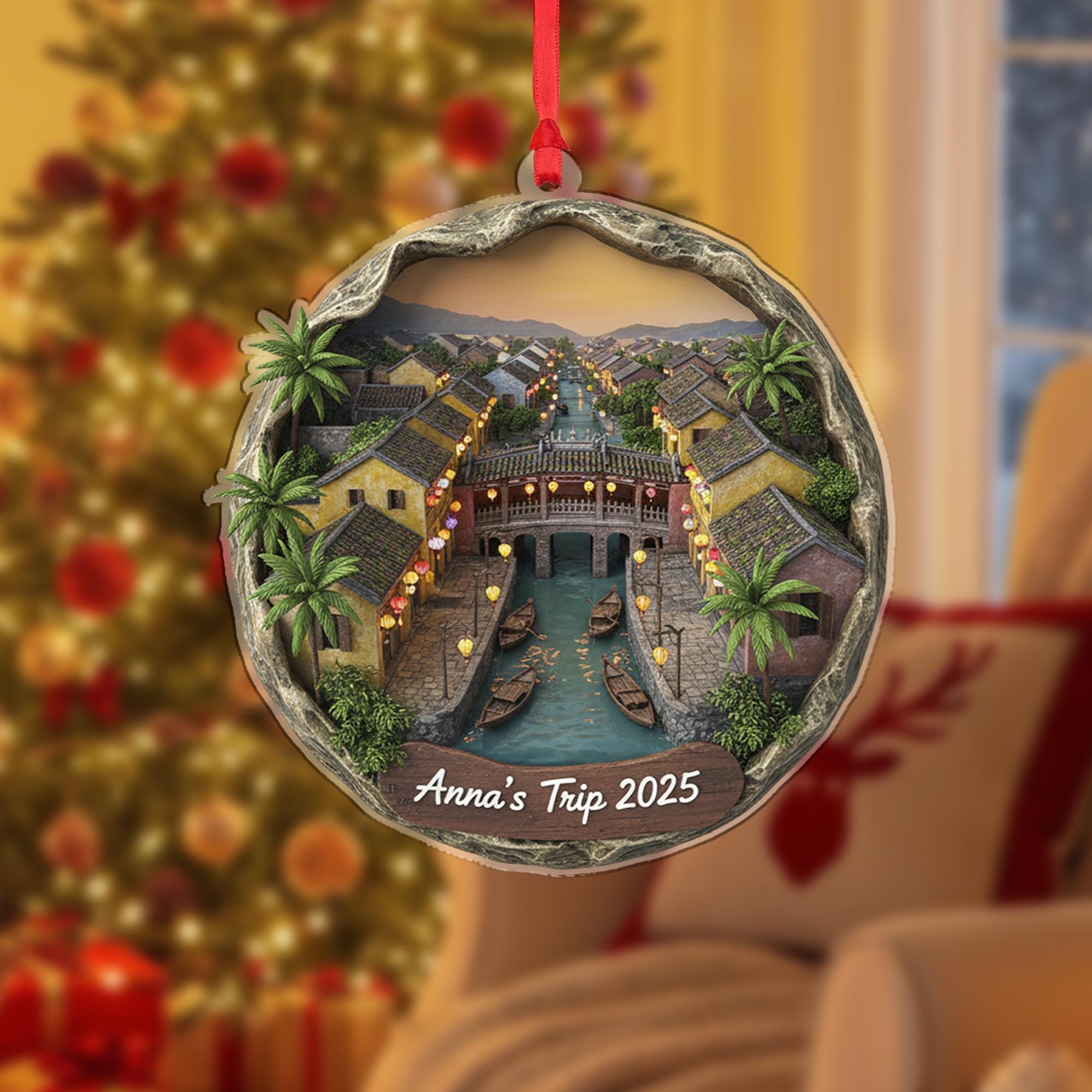 Personalized Hoi An Ornament, Vietnam Travel Keepsake, Canal Town Scene Decor image 1