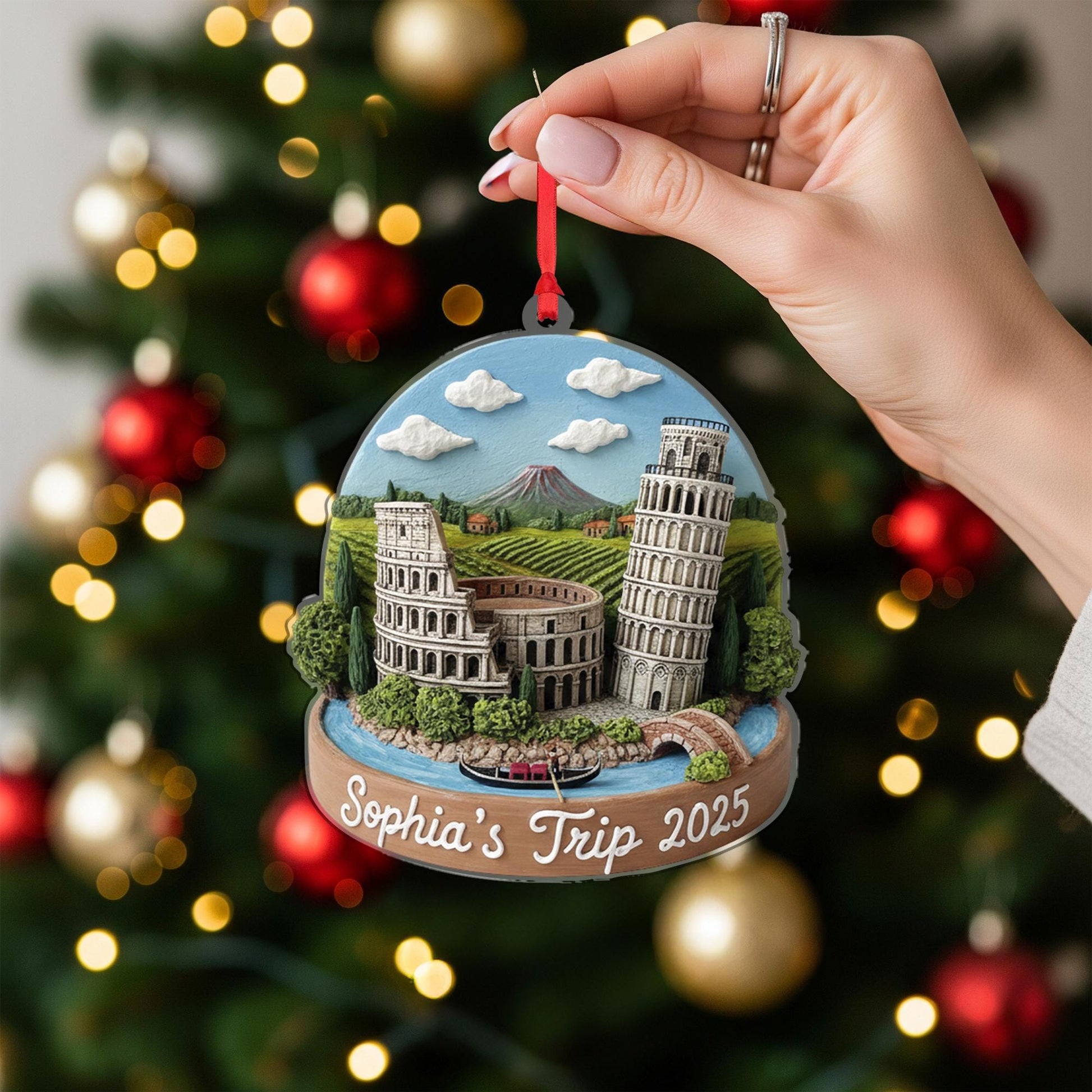 Personalized Italy Ornament, Custom Travel Keepsake, Colosseum and Pisa Scene Decor image 1