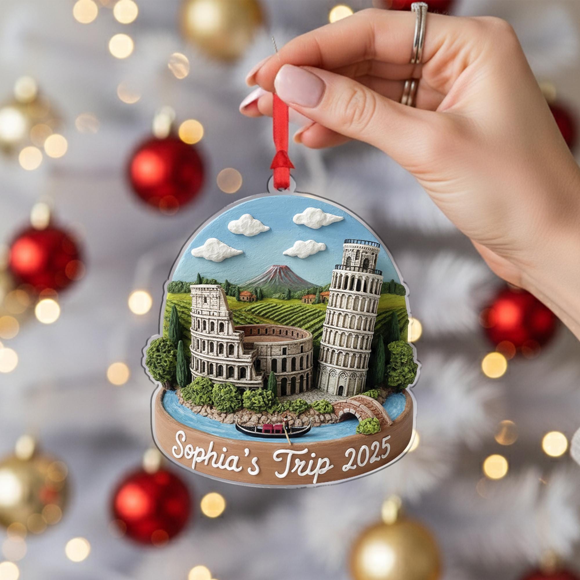 Personalized Italy Ornament, Custom Travel Keepsake, Colosseum and Pisa Scene Decor image 2