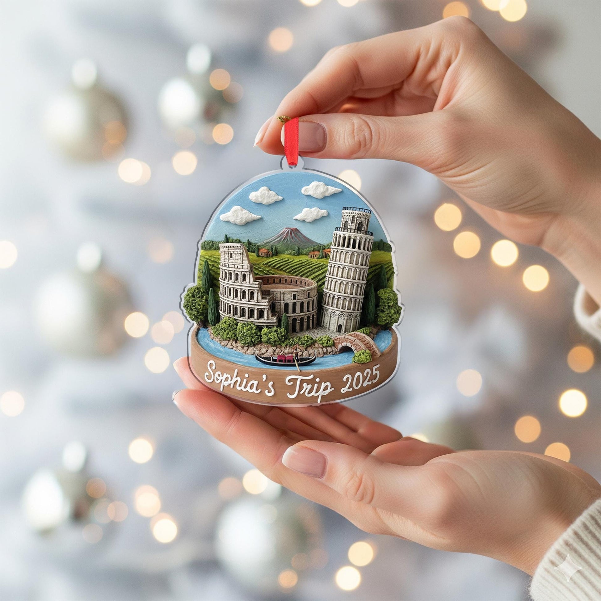 Personalized Italy Ornament, Custom Travel Keepsake, Colosseum and Pisa Scene Decor image 4