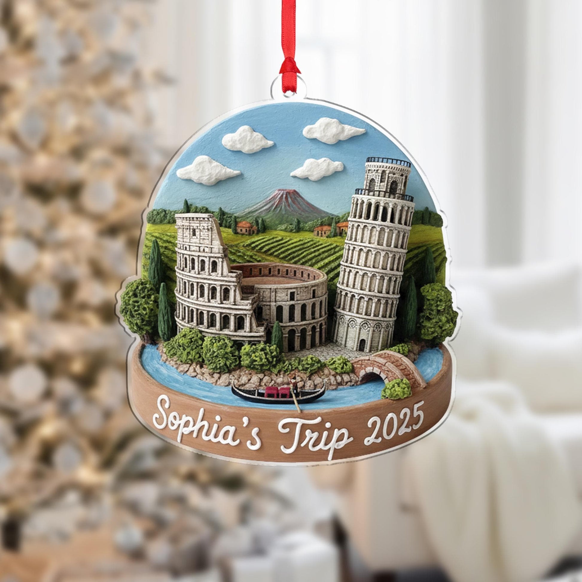 Personalized Italy Ornament, Custom Travel Keepsake, Colosseum and Pisa Scene Decor image 6