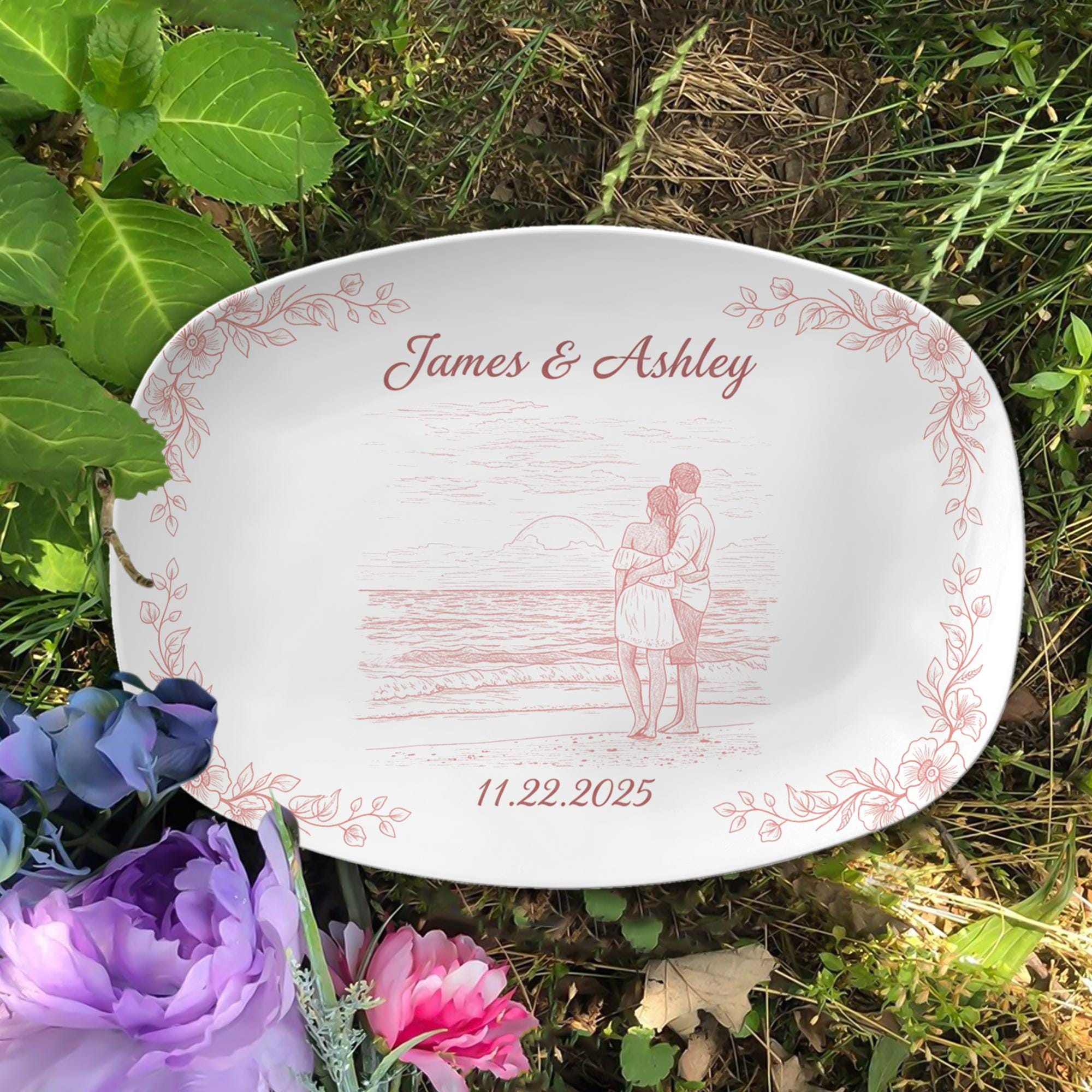Personalized Couple Photo Platter, Custom Anniversary Illustration Dish, Floral Border Decor Plate image 1