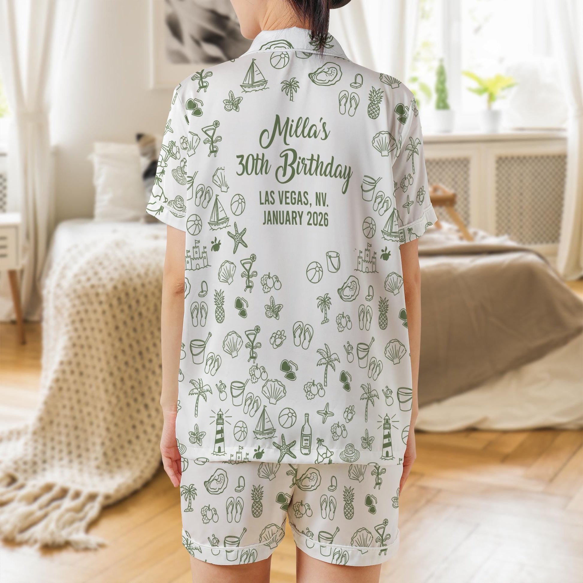 Personalized Satin Pajama Set: Bachelorette Party Sleepwear, Custom Text Beach Print image 3