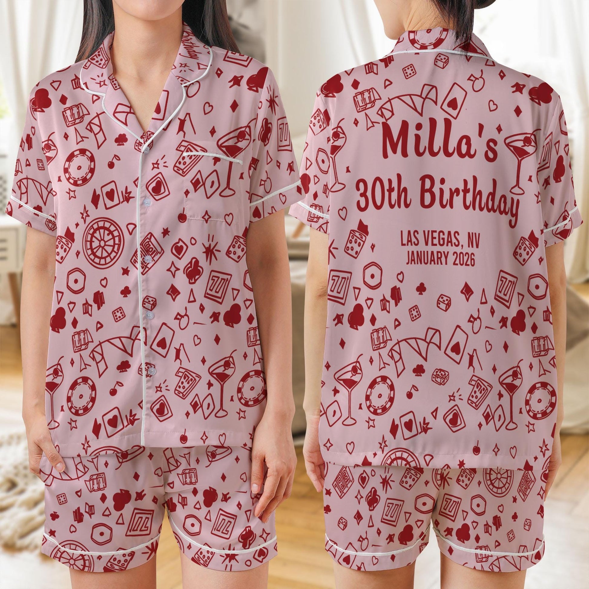 Personalized Satin Pajama Set: Playing Card Sleepwear, Custom Birthday Print image 1