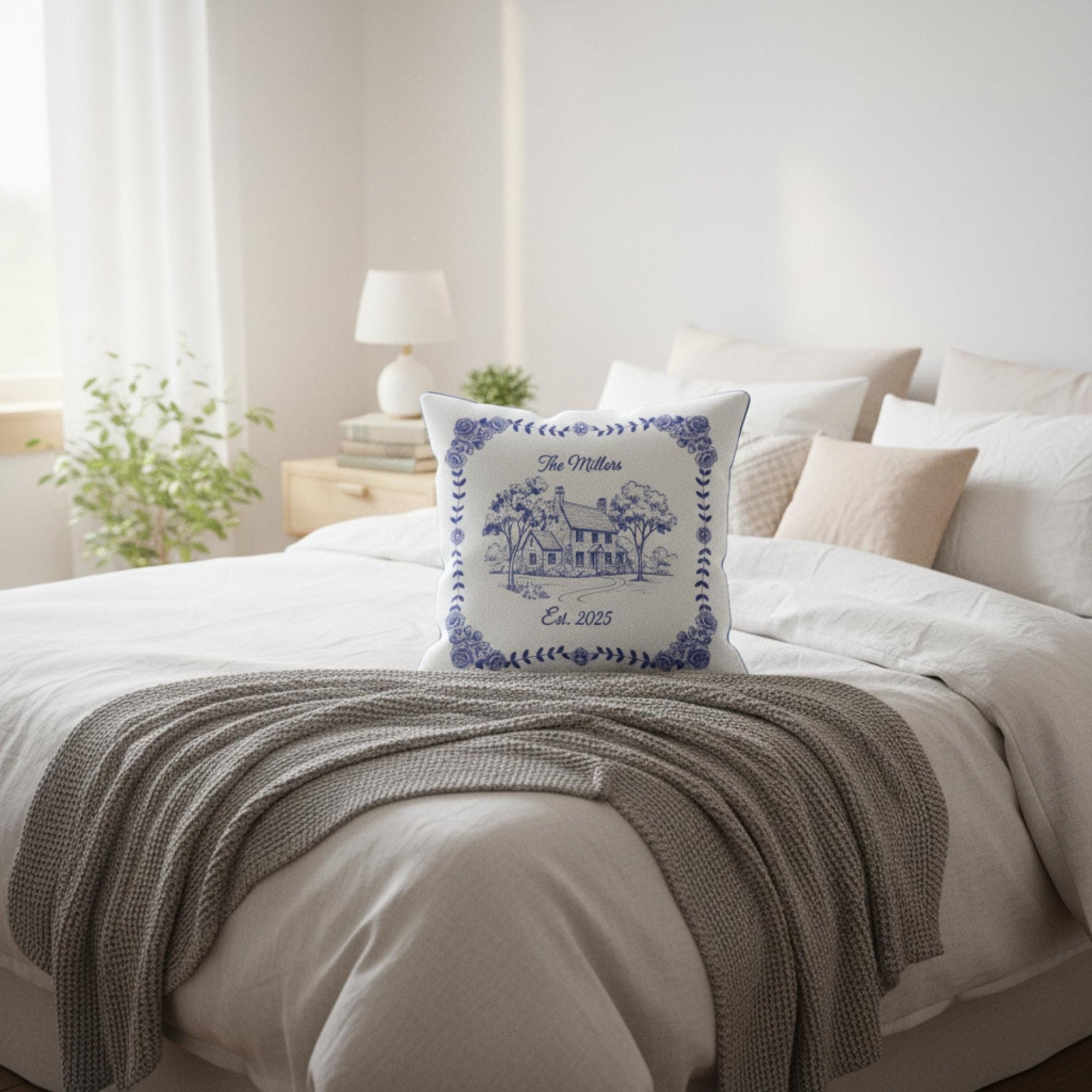 Custom House Pillow – Personalized Blue Chinoiserie Home Illustration Decor image 5