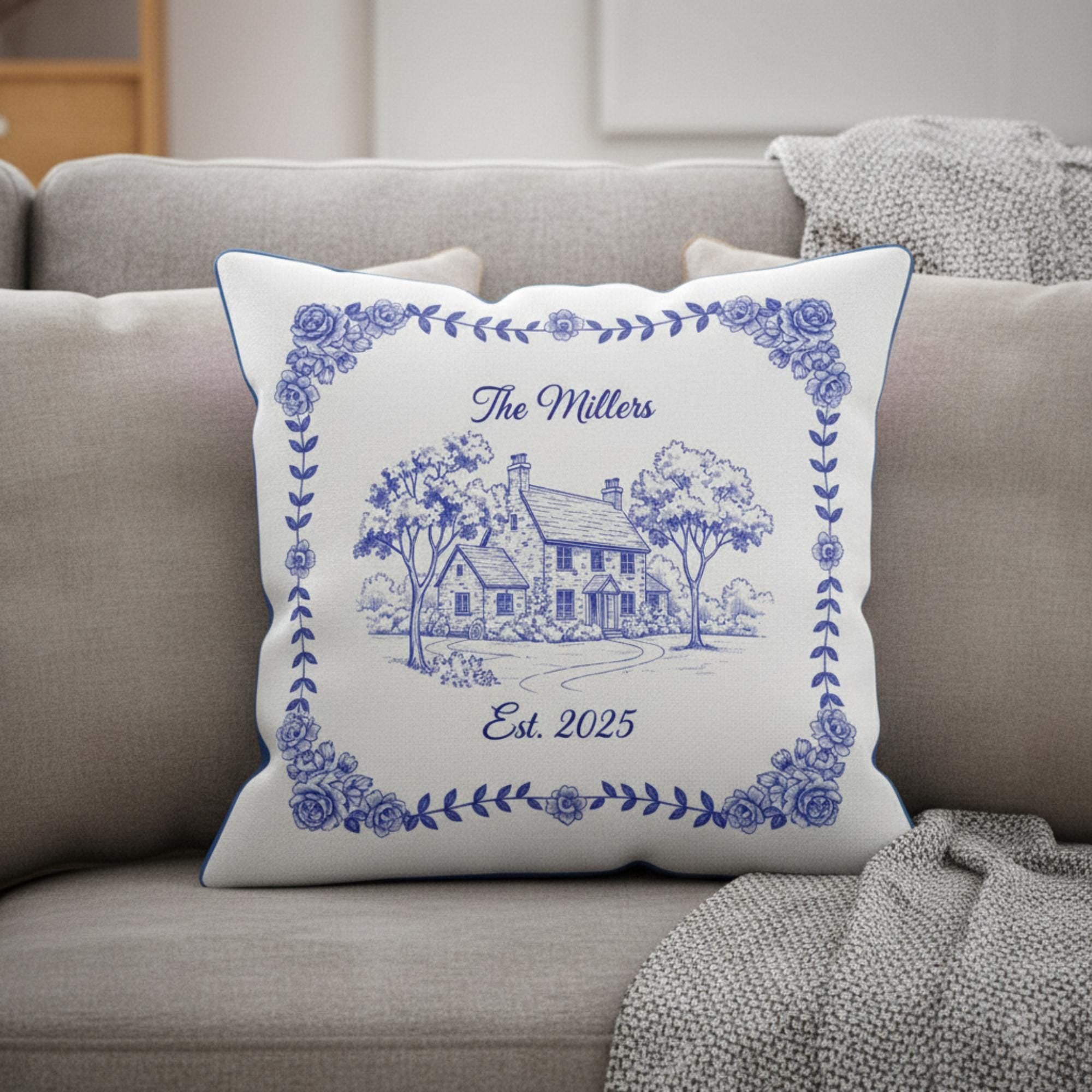 Custom House Pillow – Personalized Blue Chinoiserie Home Illustration Decor image 1