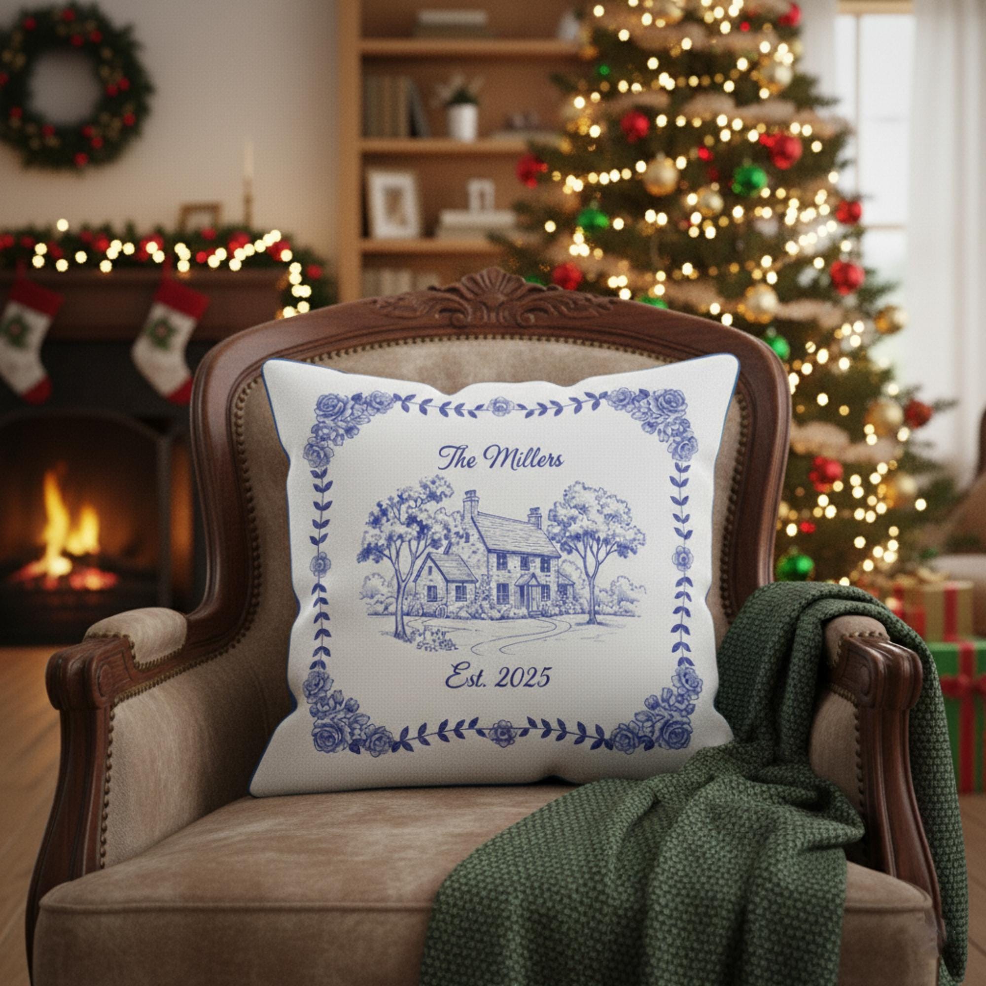 Custom House Pillow – Personalized Blue Chinoiserie Home Illustration Decor image 2