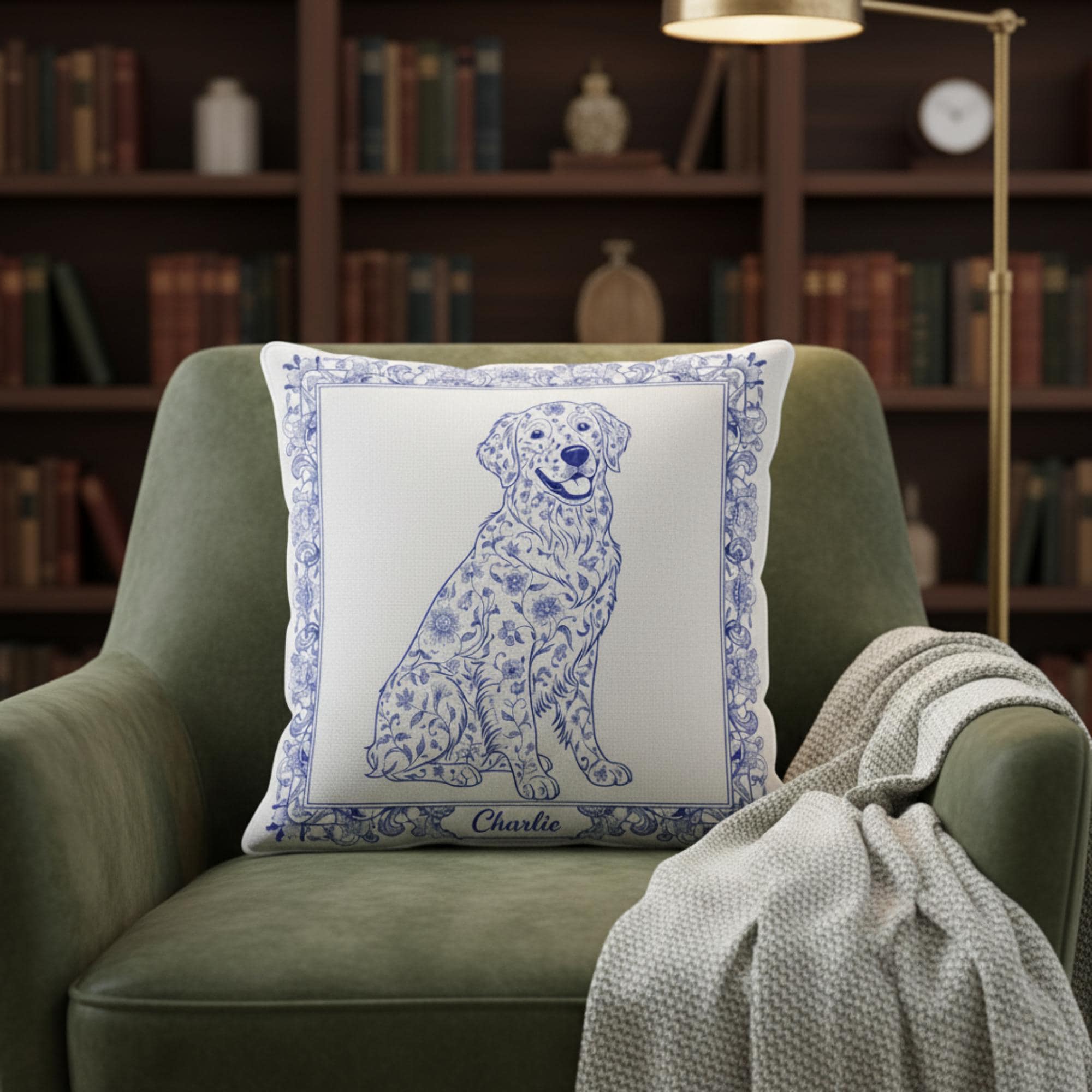 Custom Dog Breed Pillow – Personalized Blue Chinoiserie Pet Illustration Decor image 1