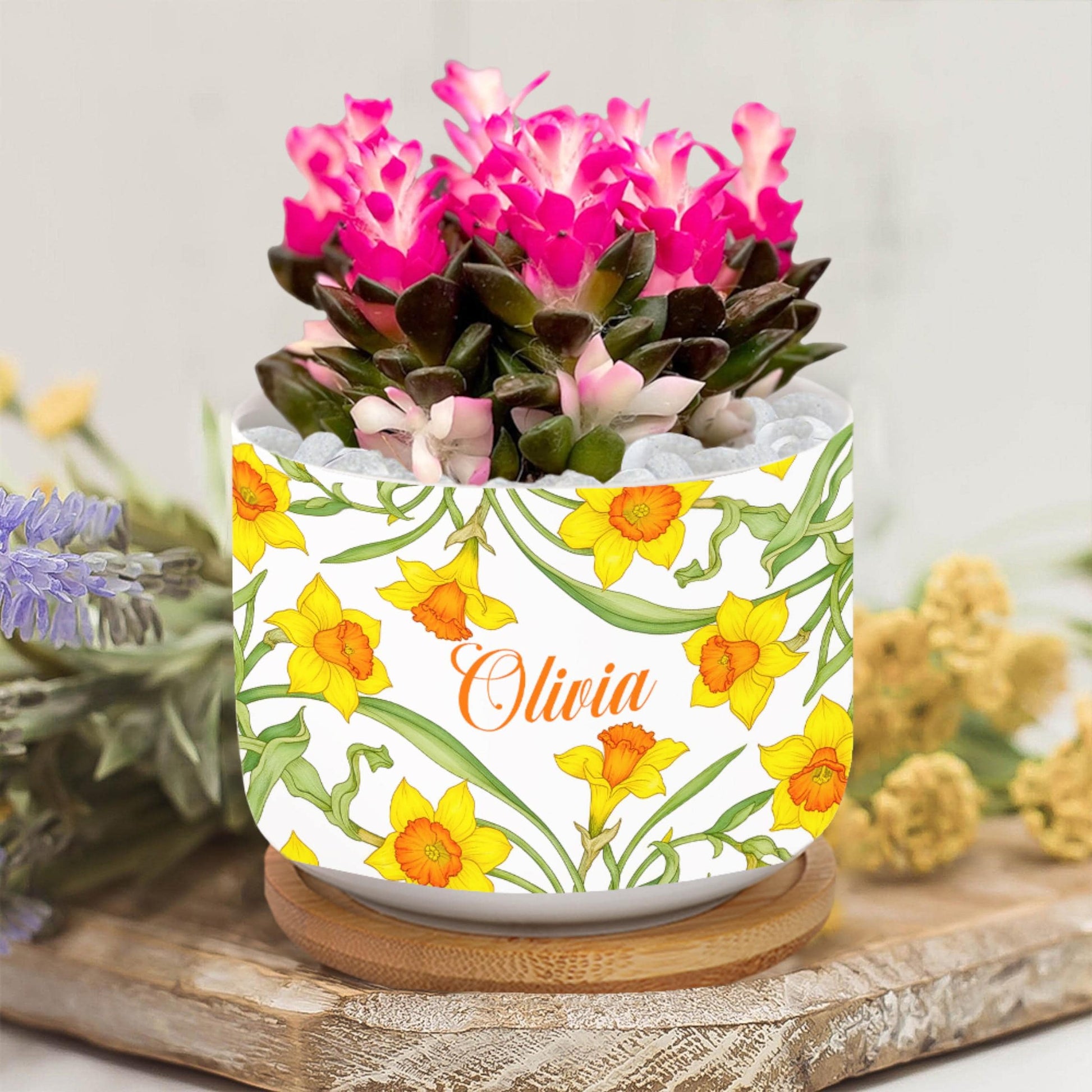 Personalized March Flower Daffodil Plant Pot: Custom Name Ceramic Succulent Planter with Tray image 1