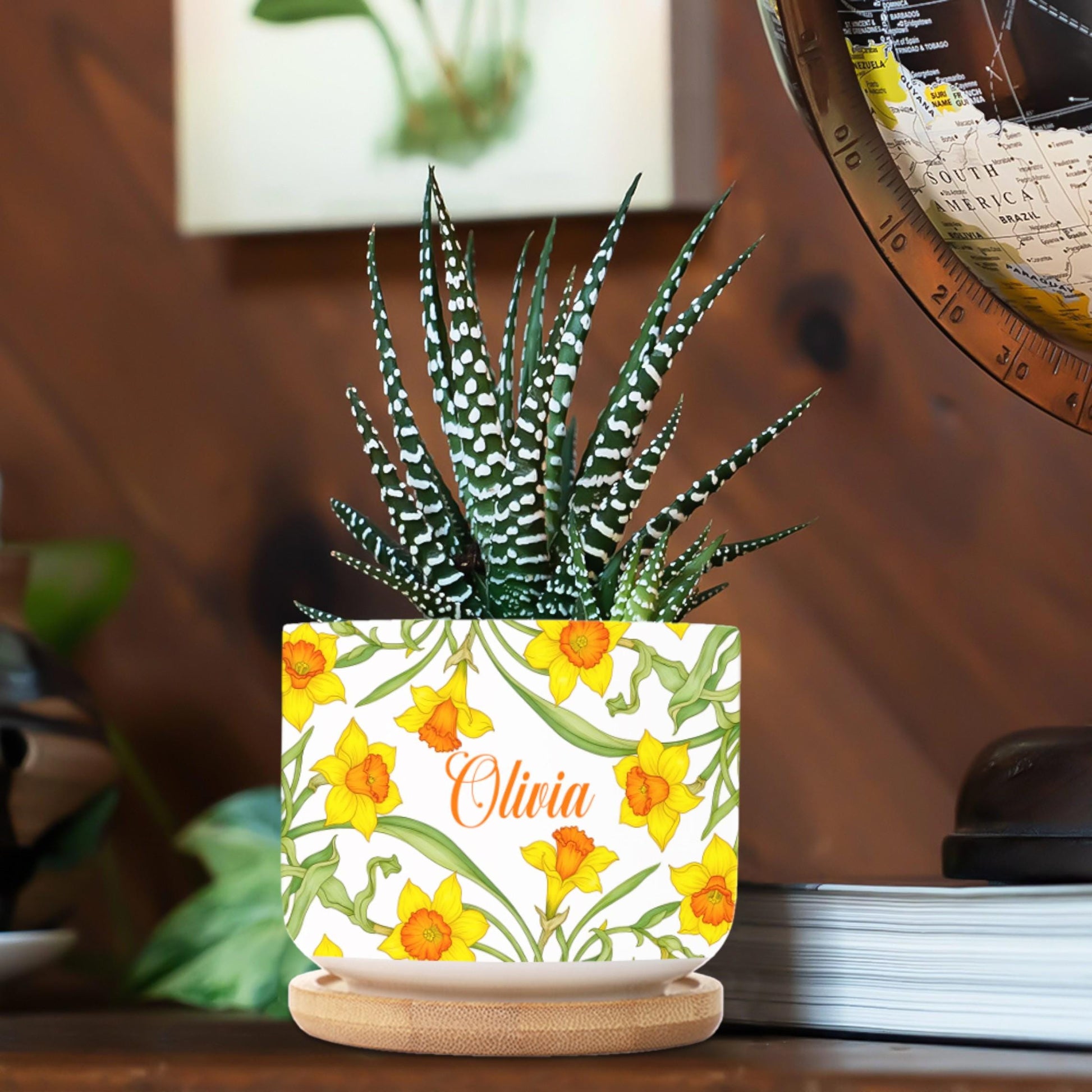 Personalized March Flower Daffodil Plant Pot: Custom Name Ceramic Succulent Planter with Tray image 8