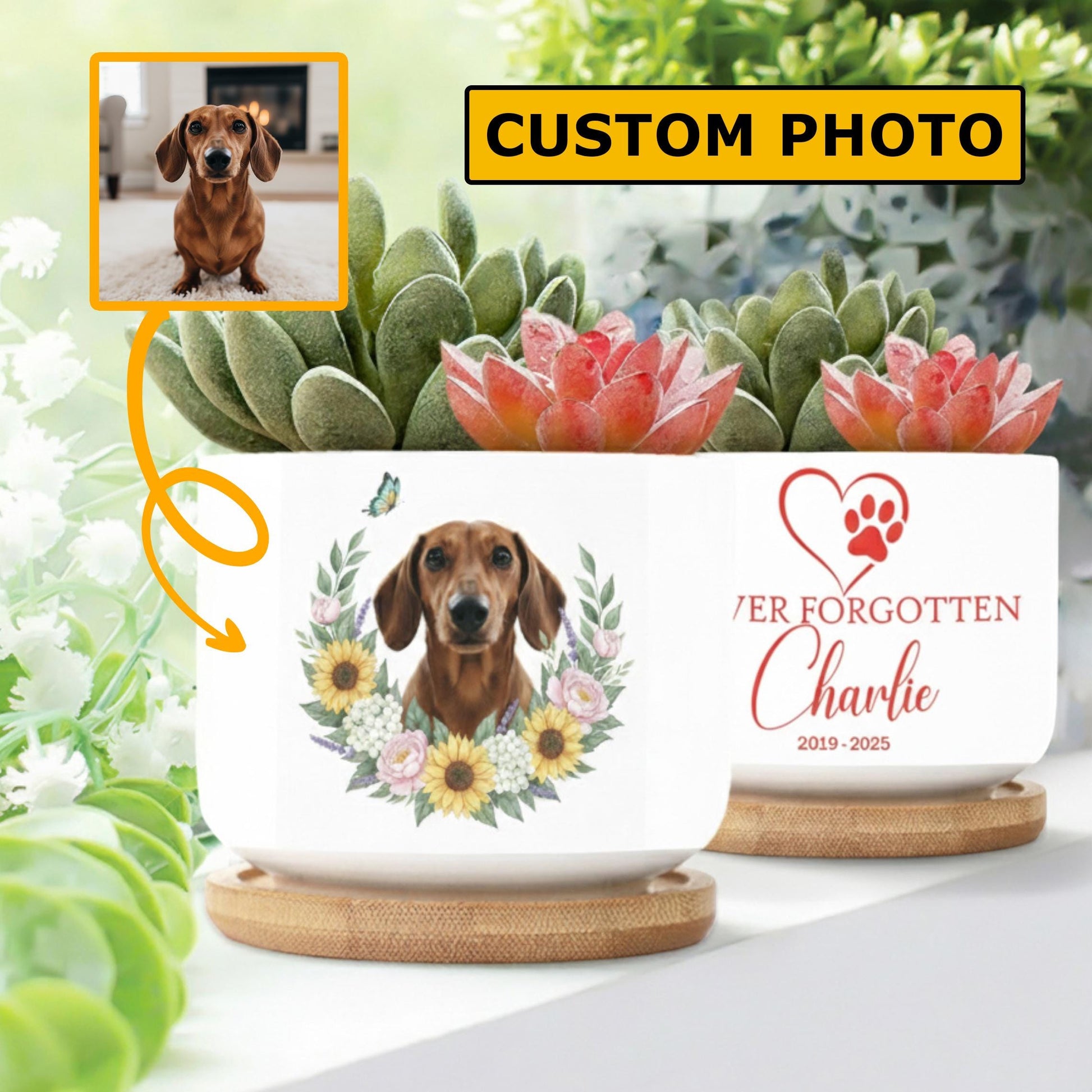 Personalized Pet Memorial Planter: Custom Dog Photo, Ceramic Pot, Pet Loss Gift image 1
