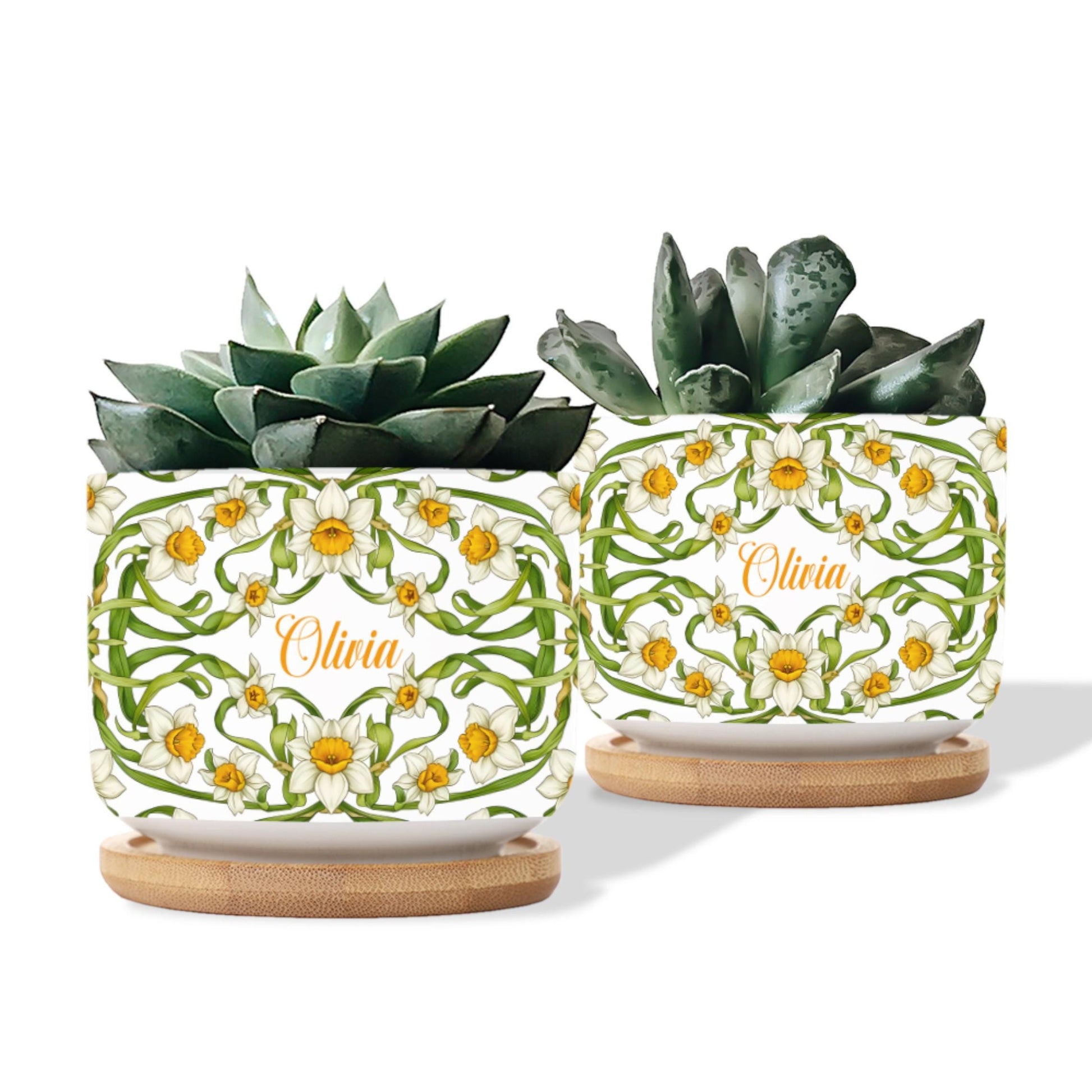 Personalized March Flower Daffodil Plant Pot: Custom Name Ceramic Succulent Planter with Tray image 3