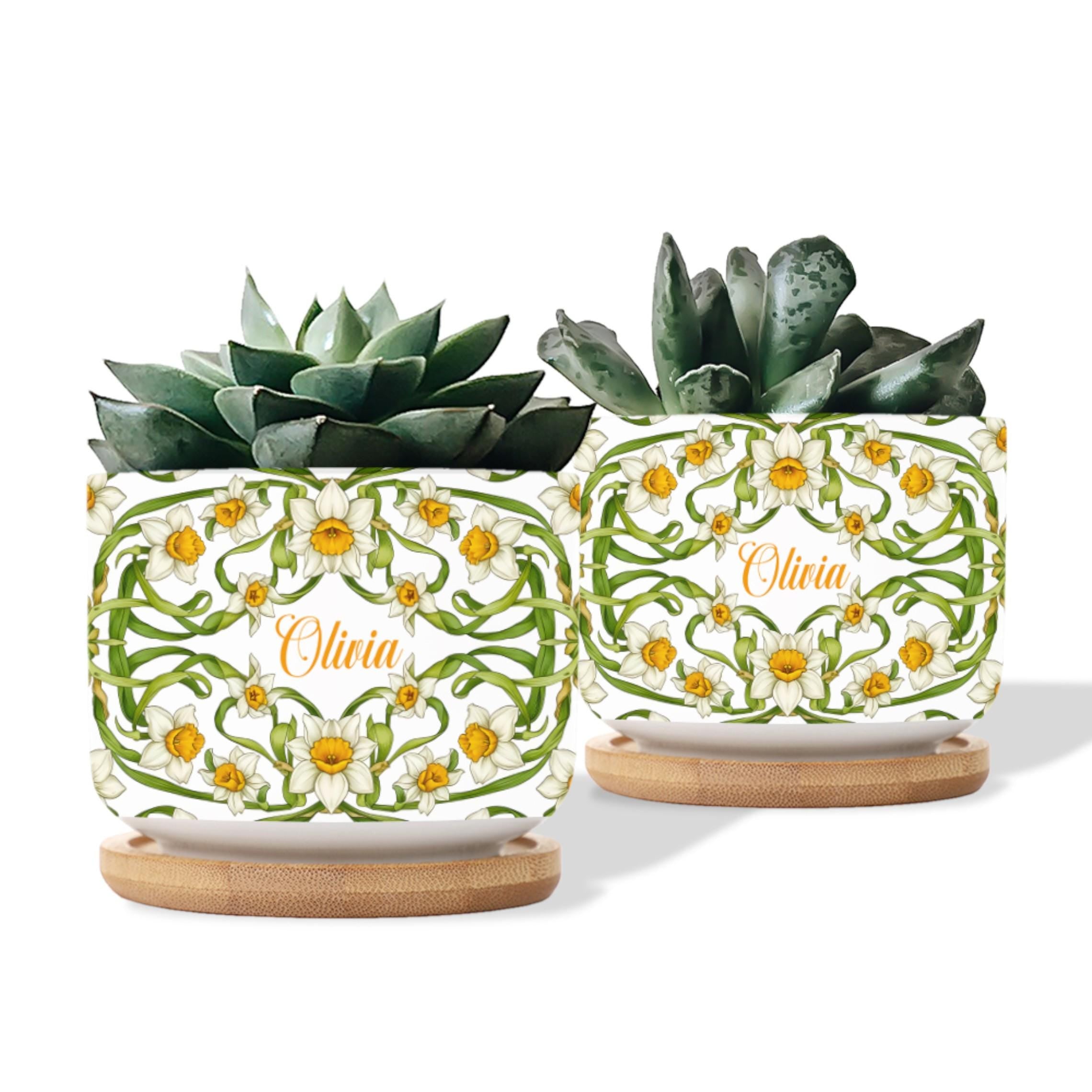 Personalized March Flower Daffodil Plant Pot: Custom Name Ceramic Succulent Planter with Tray image 3
