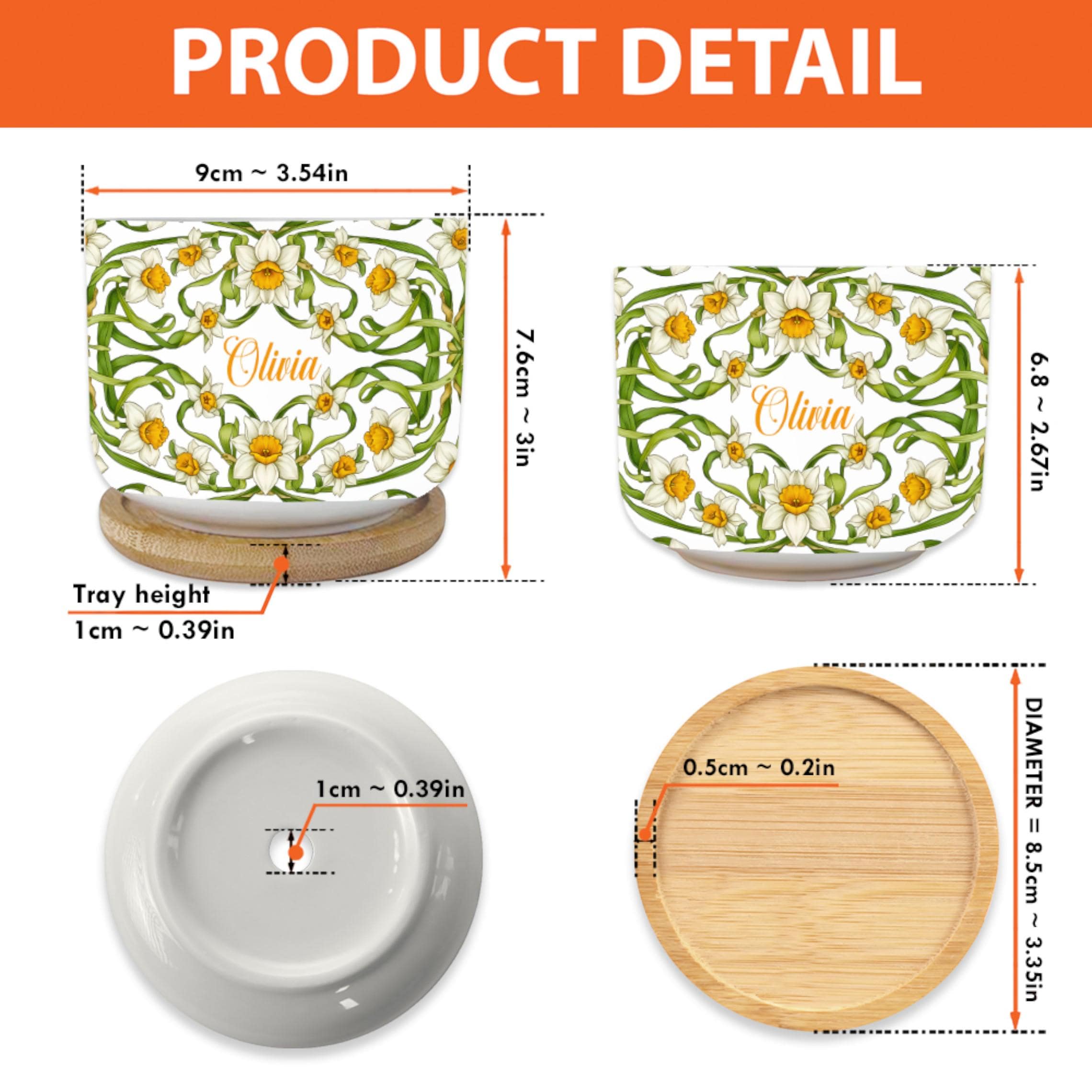 Personalized March Flower Daffodil Plant Pot: Custom Name Ceramic Succulent Planter with Tray image 2