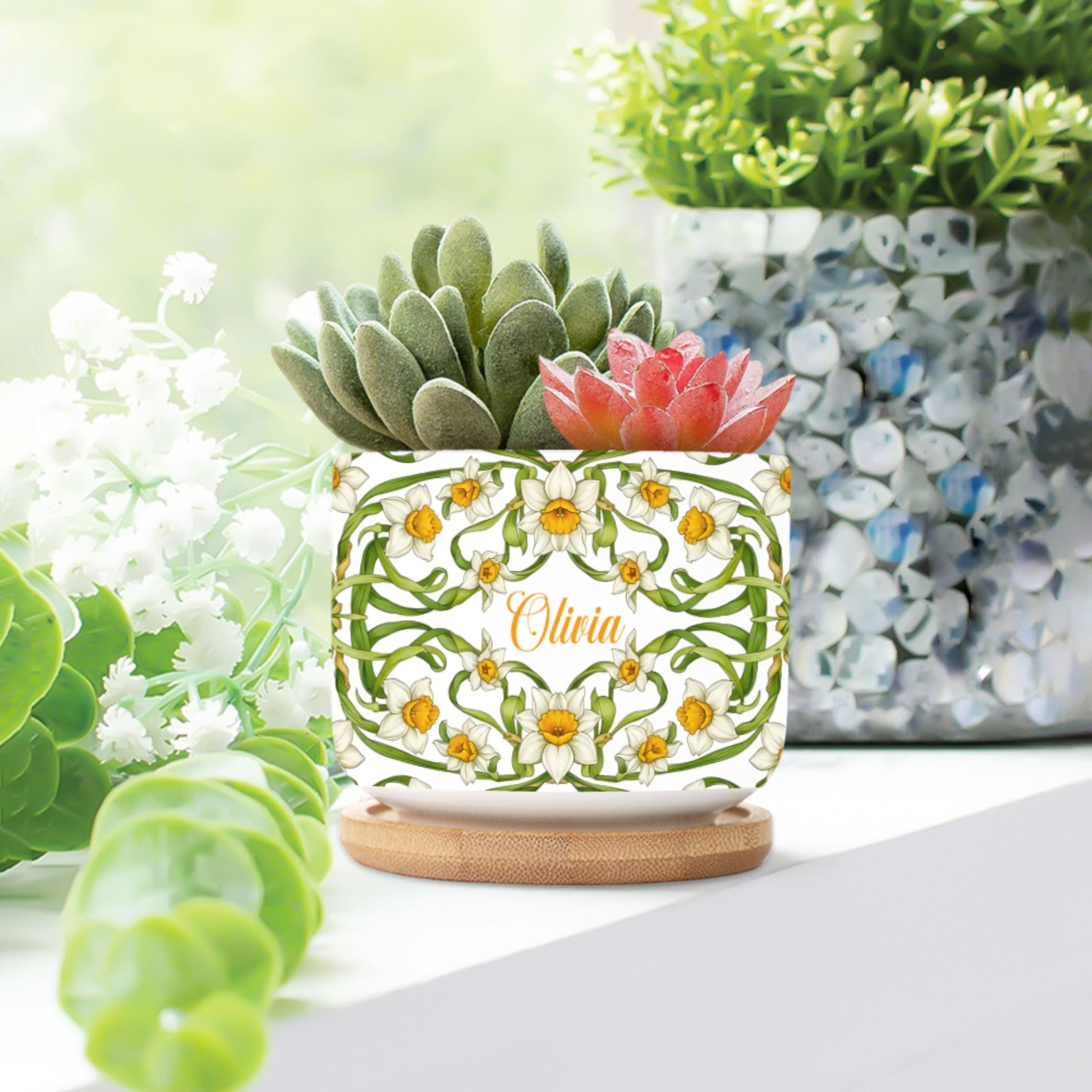 Personalized March Flower Daffodil Plant Pot: Custom Name Ceramic Succulent Planter with Tray image 6