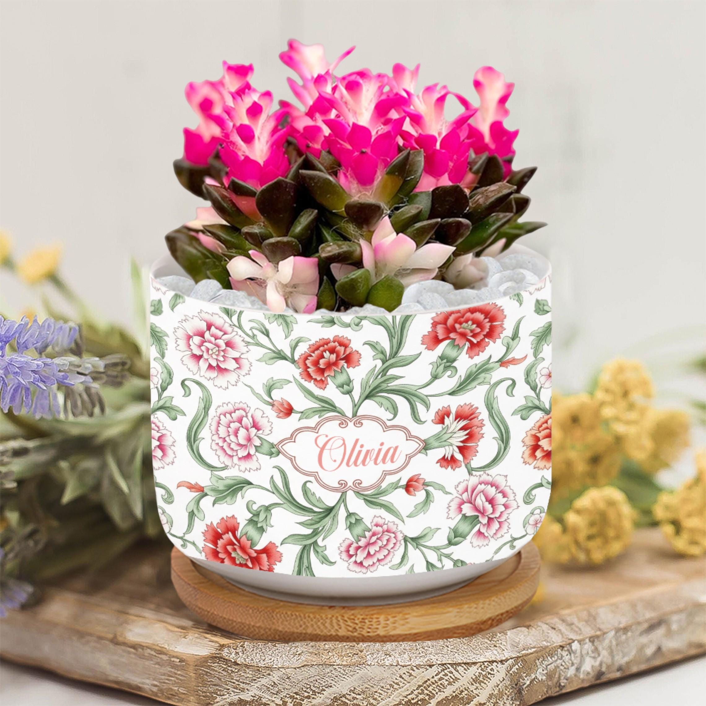 Personalized January Birthday Flower Carnation Plant Pot: Custom Name Ceramic Succulent Planter with Tray image 1