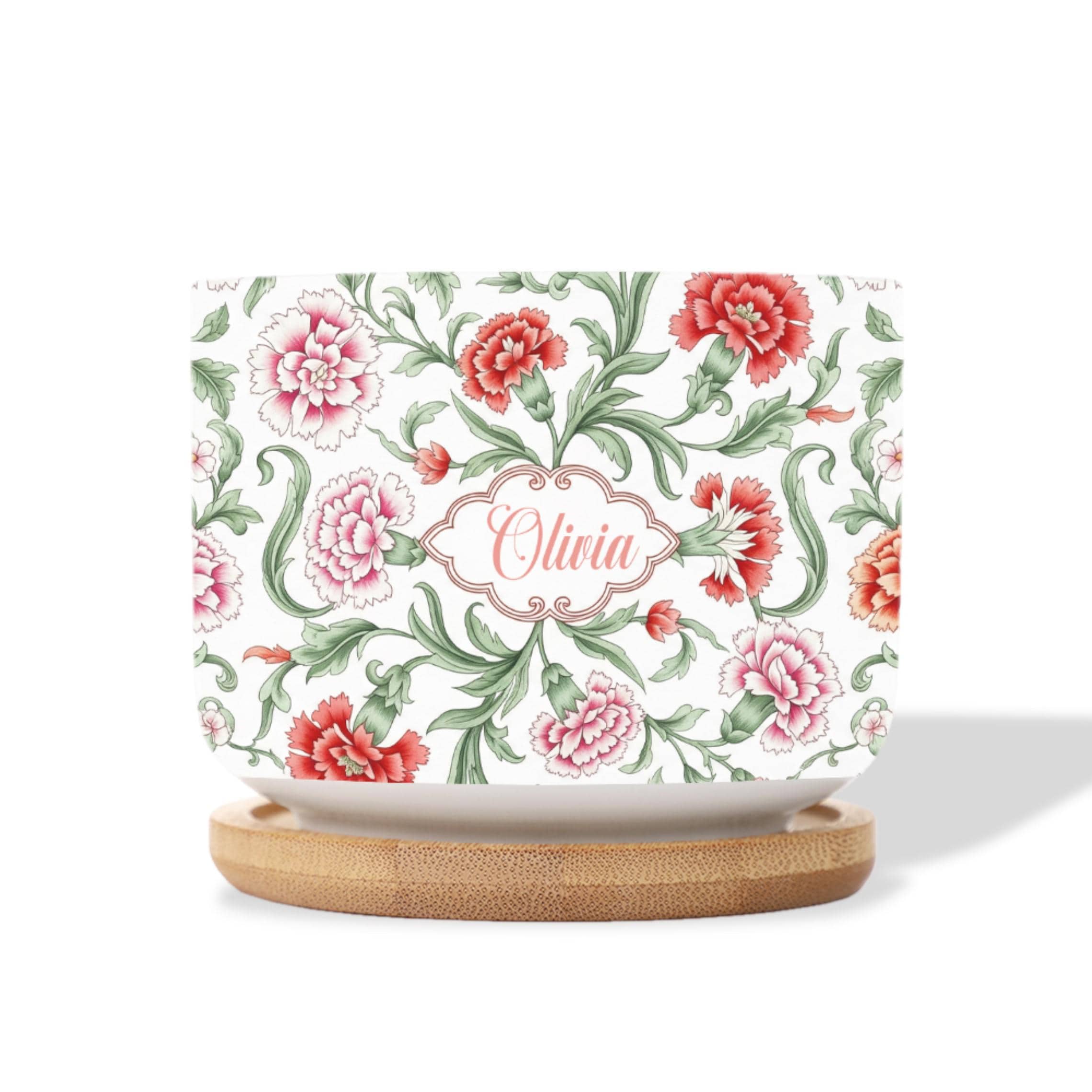 Personalized January Birthday Flower Carnation Plant Pot: Custom Name Ceramic Succulent Planter with Tray image 2