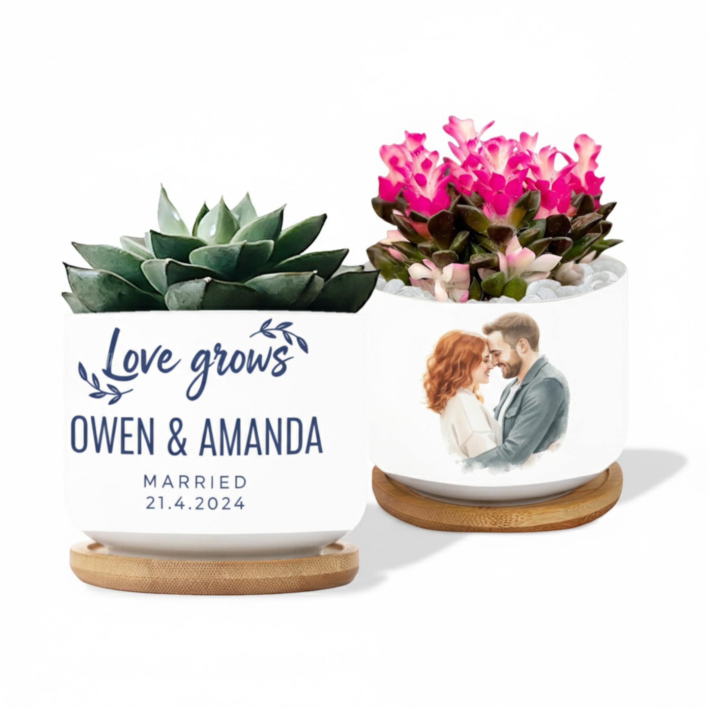 Personalized Couple's Photo Pot: Custom Names, Ceramic Wedding Gift Planter image 2