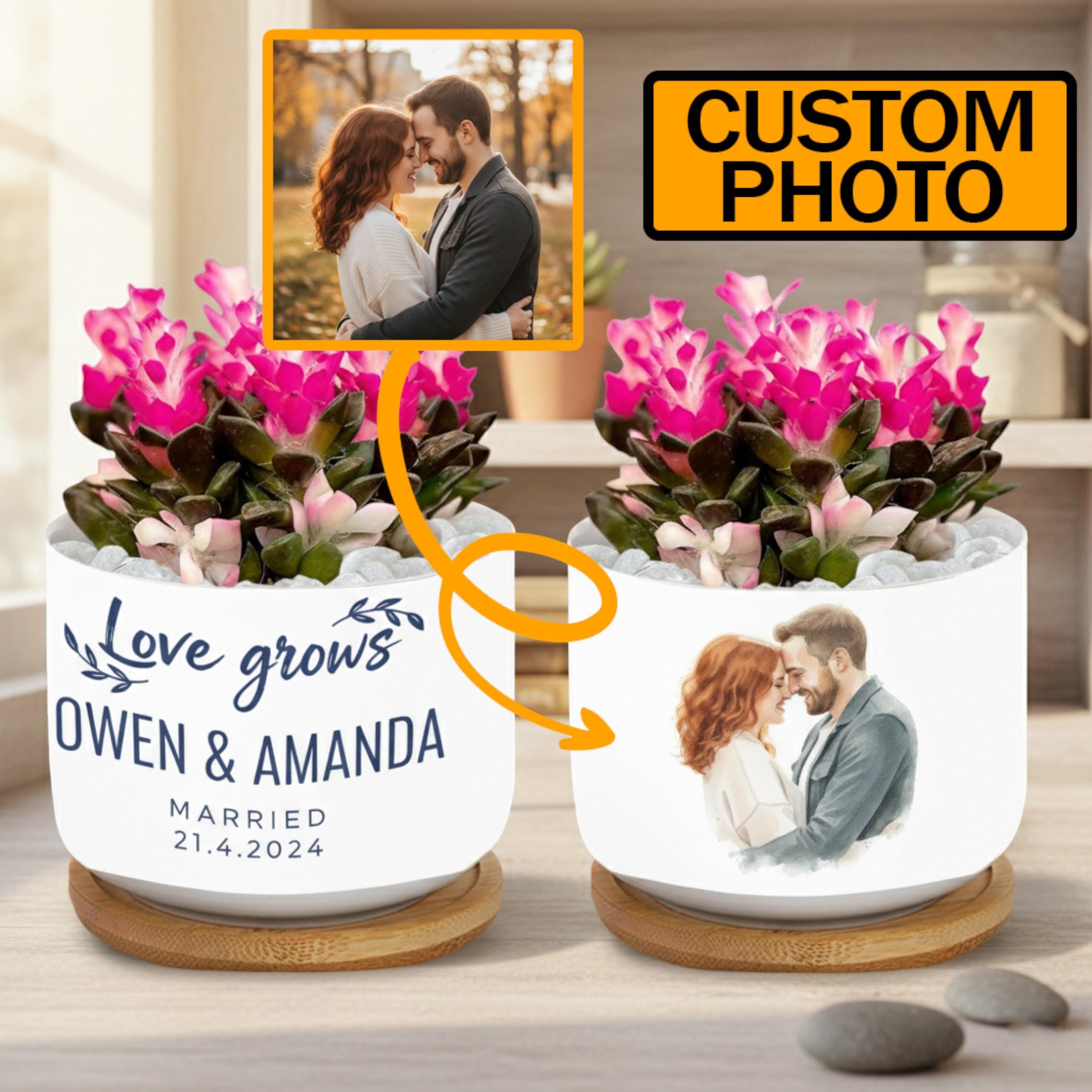 Personalized Couple's Photo Pot: Custom Names, Ceramic Wedding Gift Planter image 1