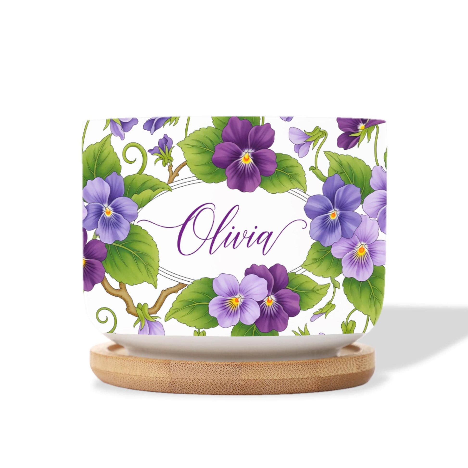 Personalized February Flower Violet Plant Pot: Custom Name Ceramic Succulent Planter with Tray image 4