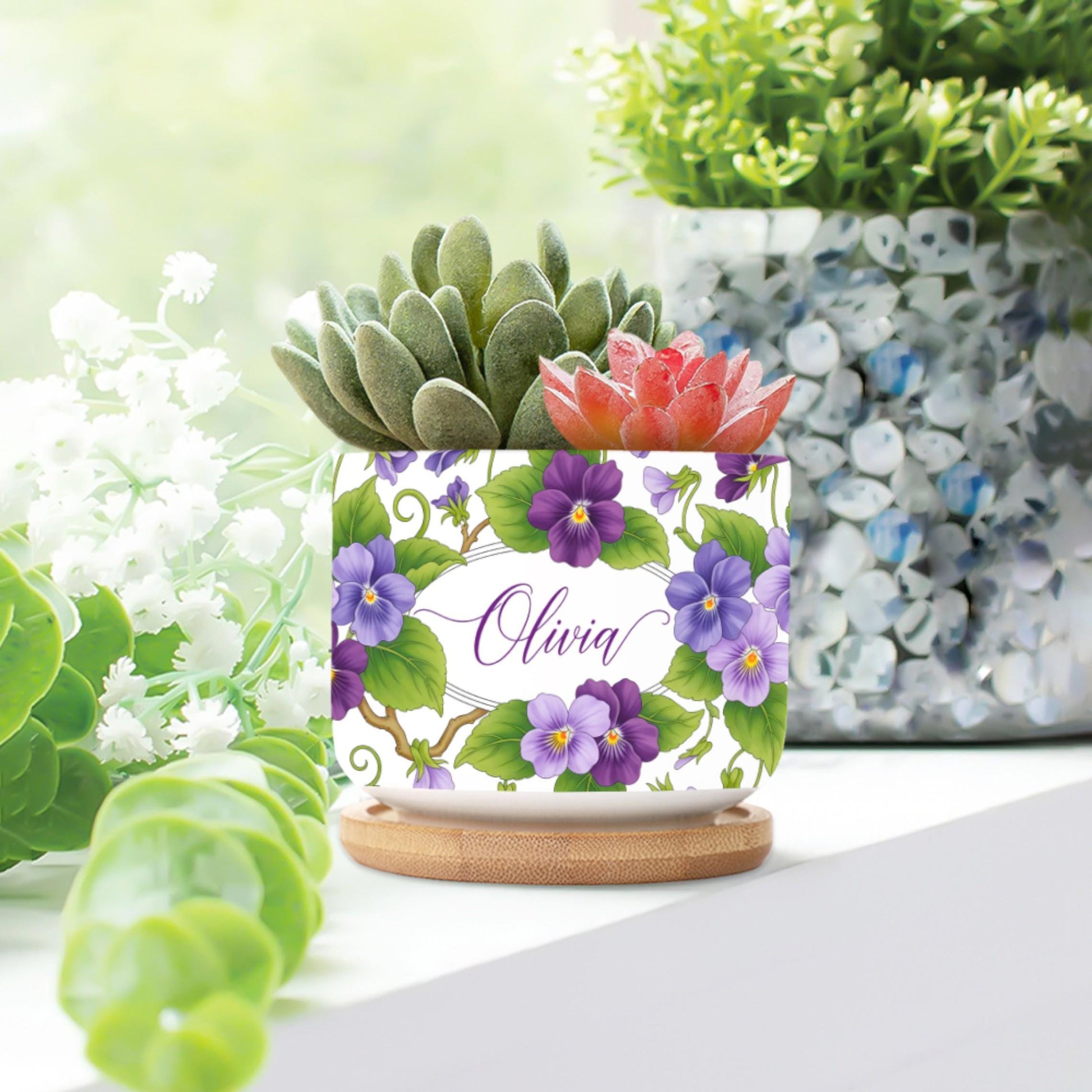 Personalized February Flower Violet Plant Pot: Custom Name Ceramic Succulent Planter with Tray image 3