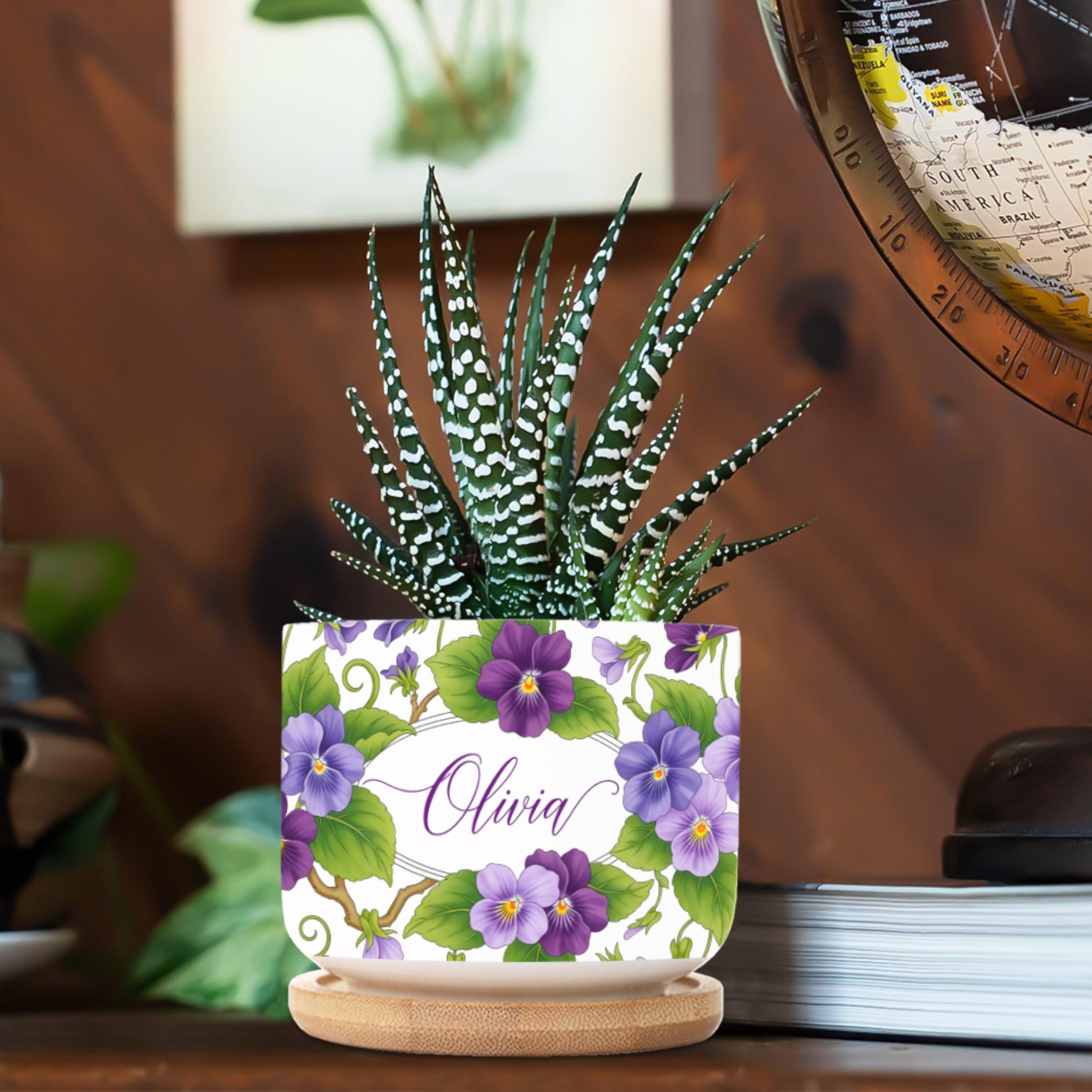 Personalized February Flower Violet Plant Pot: Custom Name Ceramic Succulent Planter with Tray image 2