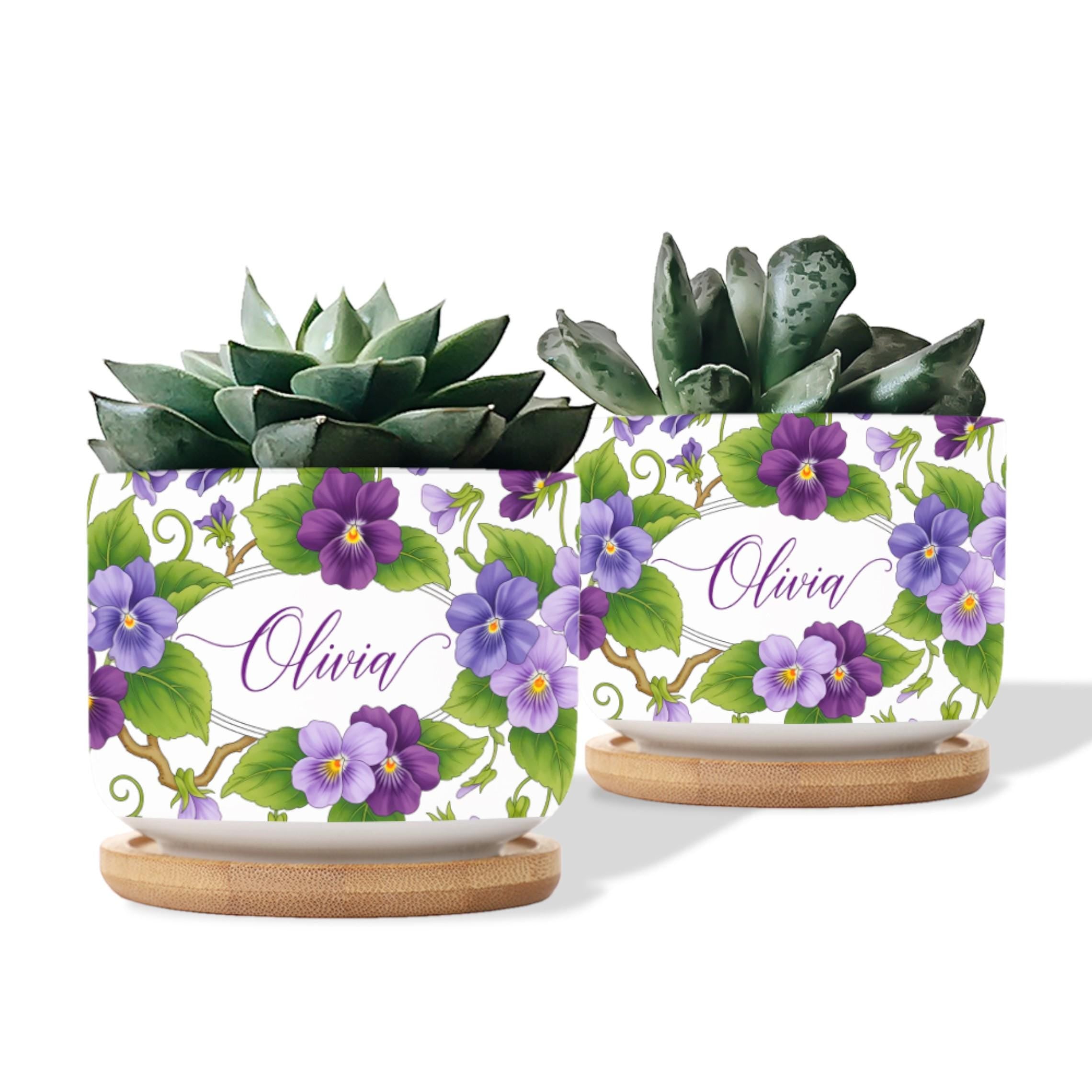 Personalized February Flower Violet Plant Pot: Custom Name Ceramic Succulent Planter with Tray image 7