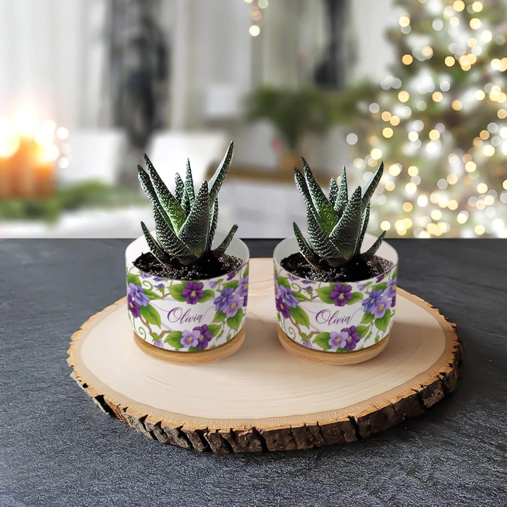 Personalized February Flower Violet Plant Pot: Custom Name Ceramic Succulent Planter with Tray image 8