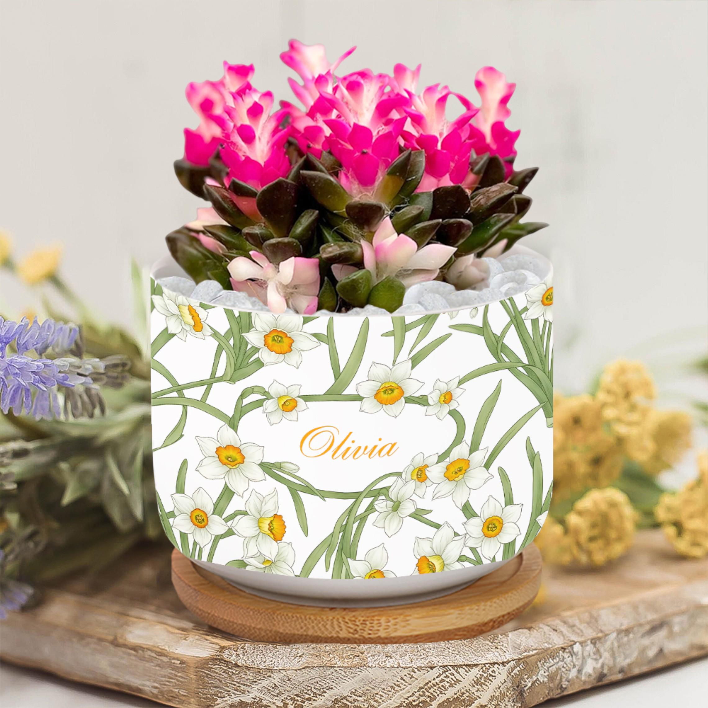 Personalized March Birthday Flower Daffodil Ceramic Pot: Custom Name, Succulent Planter with Tray image 1