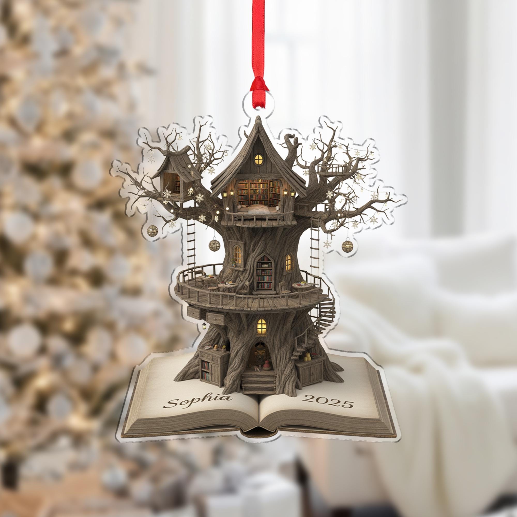 Personalized Treehouse Book Ornament, Librarian Reader Gift, Custom Wood or Acrylic Family Keepsake image 1