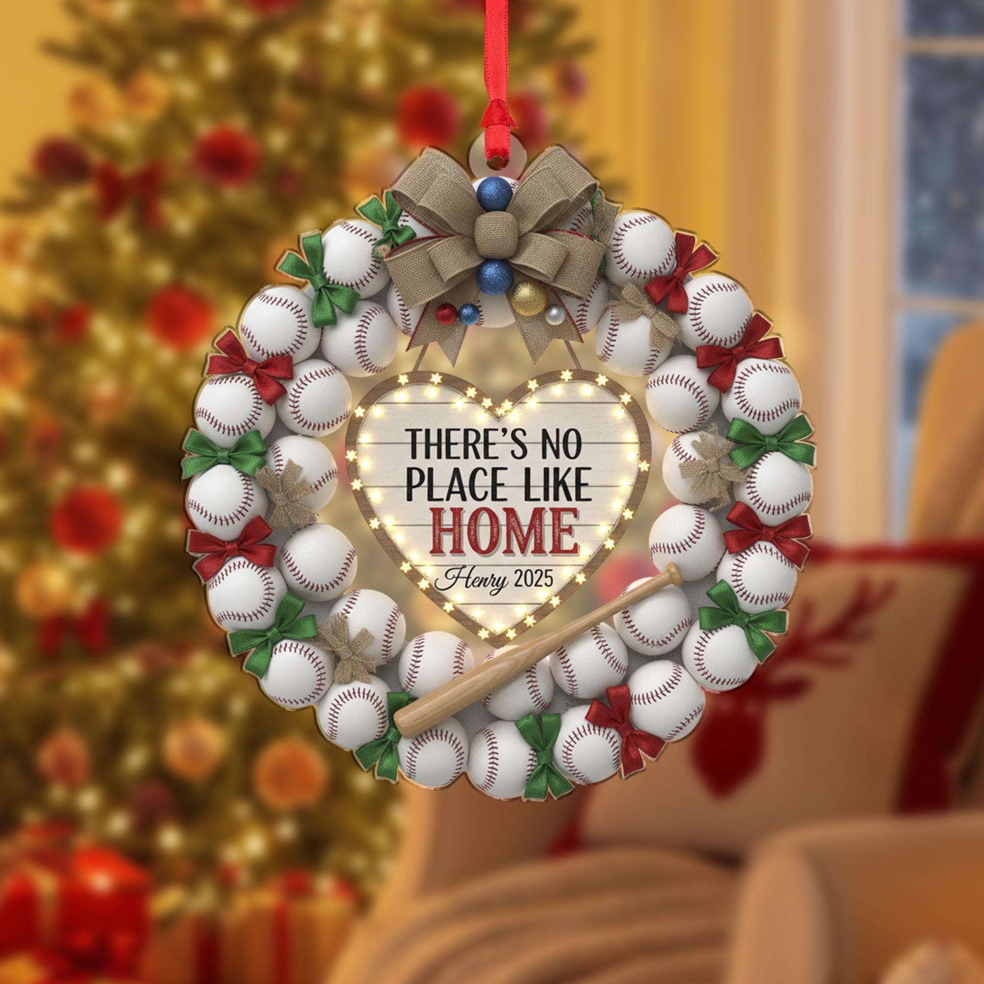 Personalized Baseball Wreath Ornament: "No Place Like Home" Sign, Custom Name, Dated 2025 image 2