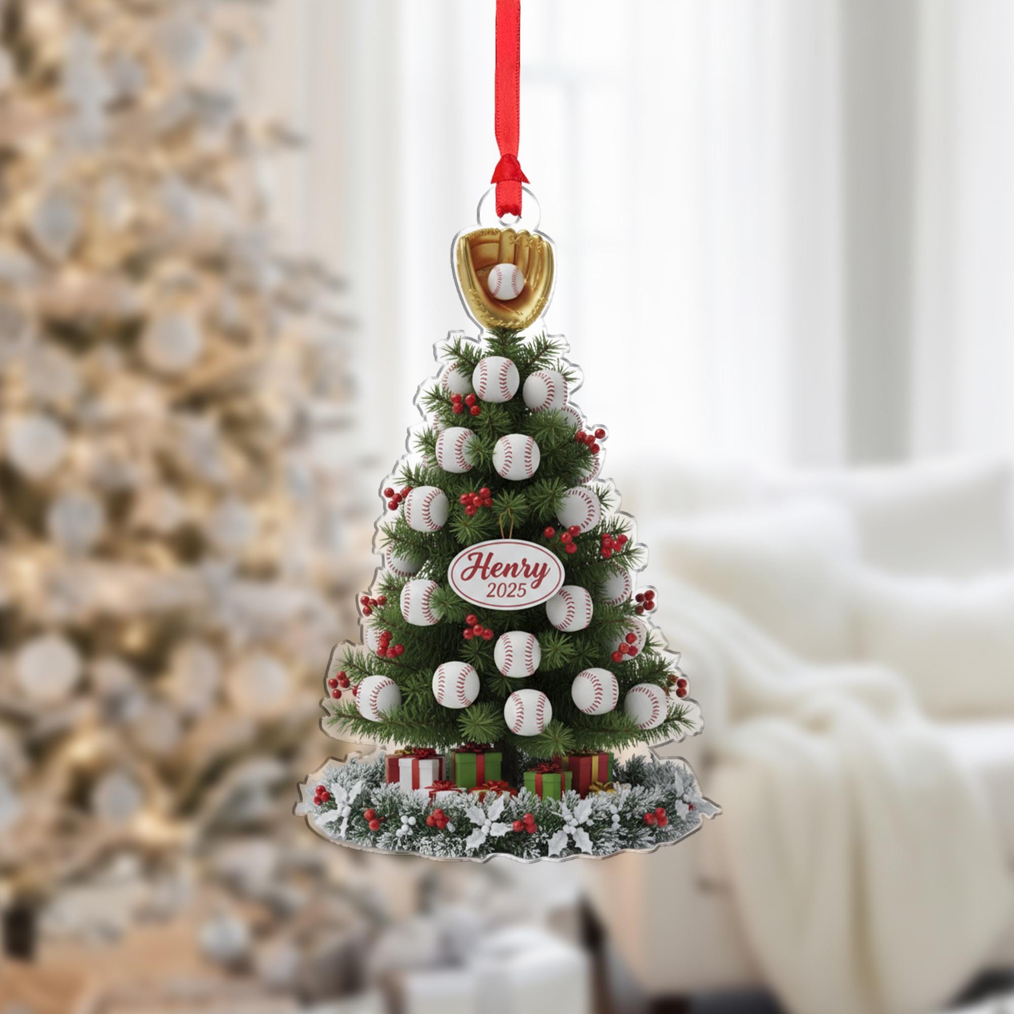 Personalized Baseball Christmas Tree Ornament: Custom Name Plaque, Dated 2025, Baseball Glove Topper image 1