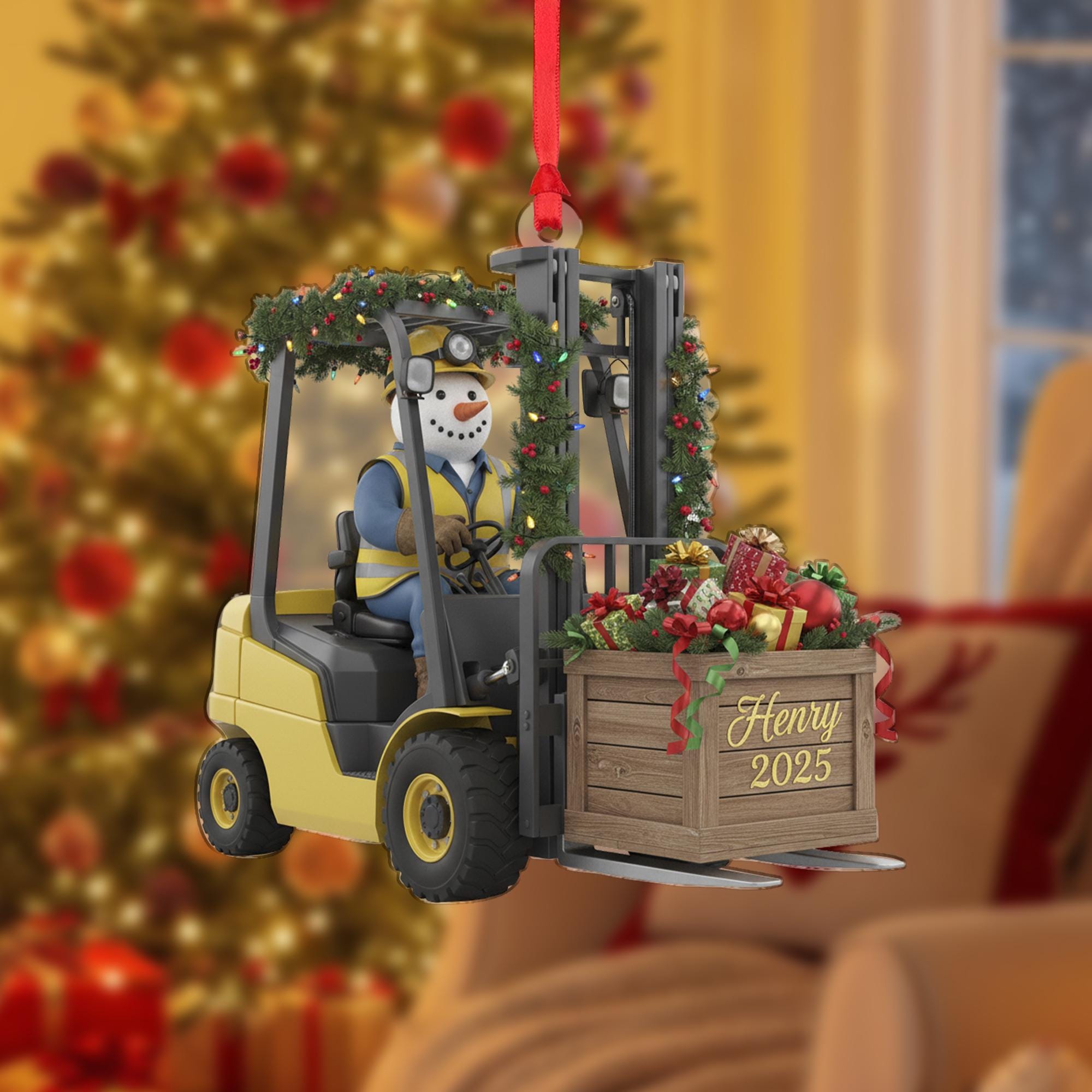 Personalized Forklift Ornament: Snowman Driver, Custom Name Crate, Dated 2025, Hard Hat image 1
