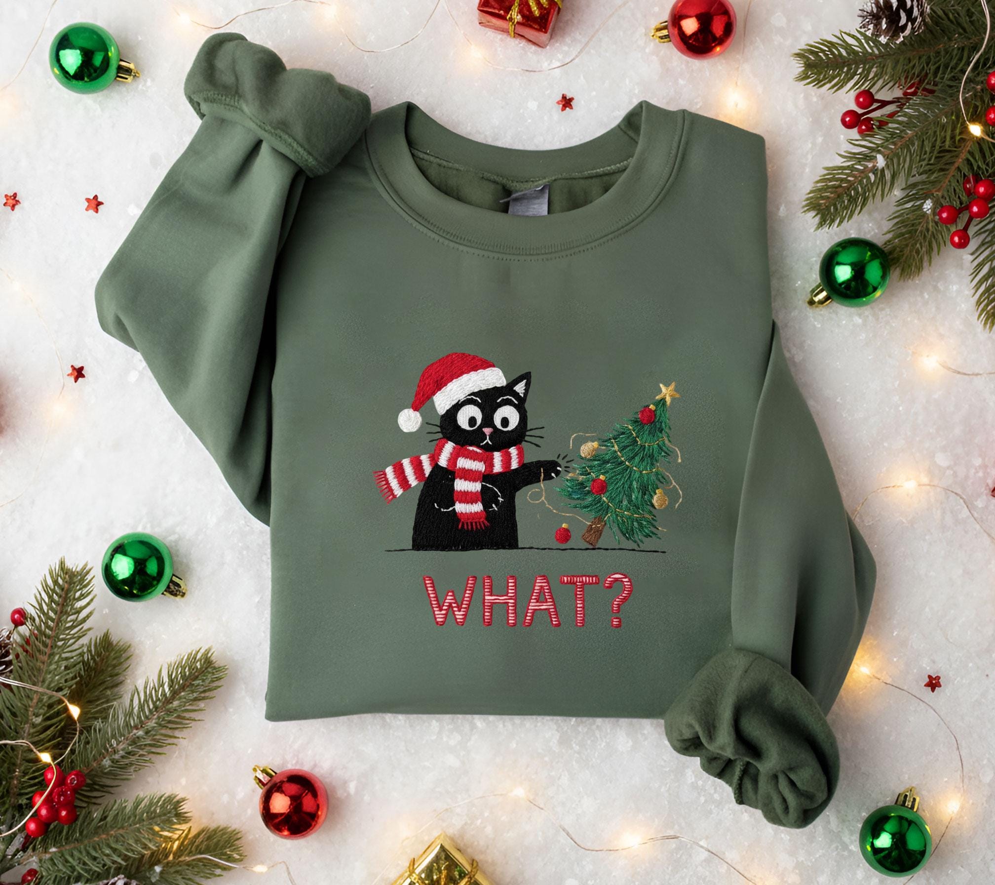 Embroidered Sweatshirt: Holiday Jumper Crewneck, Funny Cat Christmas Apparel image 2