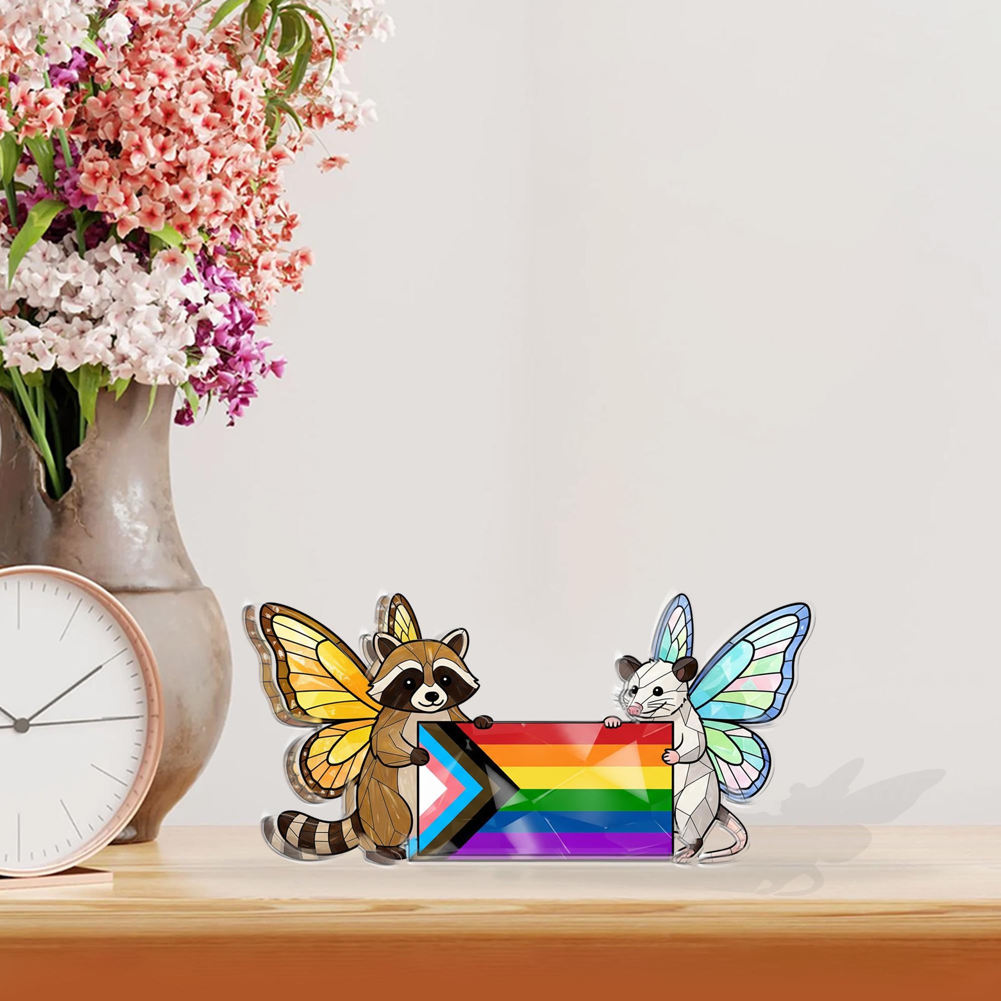 Progress Pride Acrylic Block, Raccoon Opossum Butterfly, LGBTQ+ Rainbow Flag Desk Decor image 1