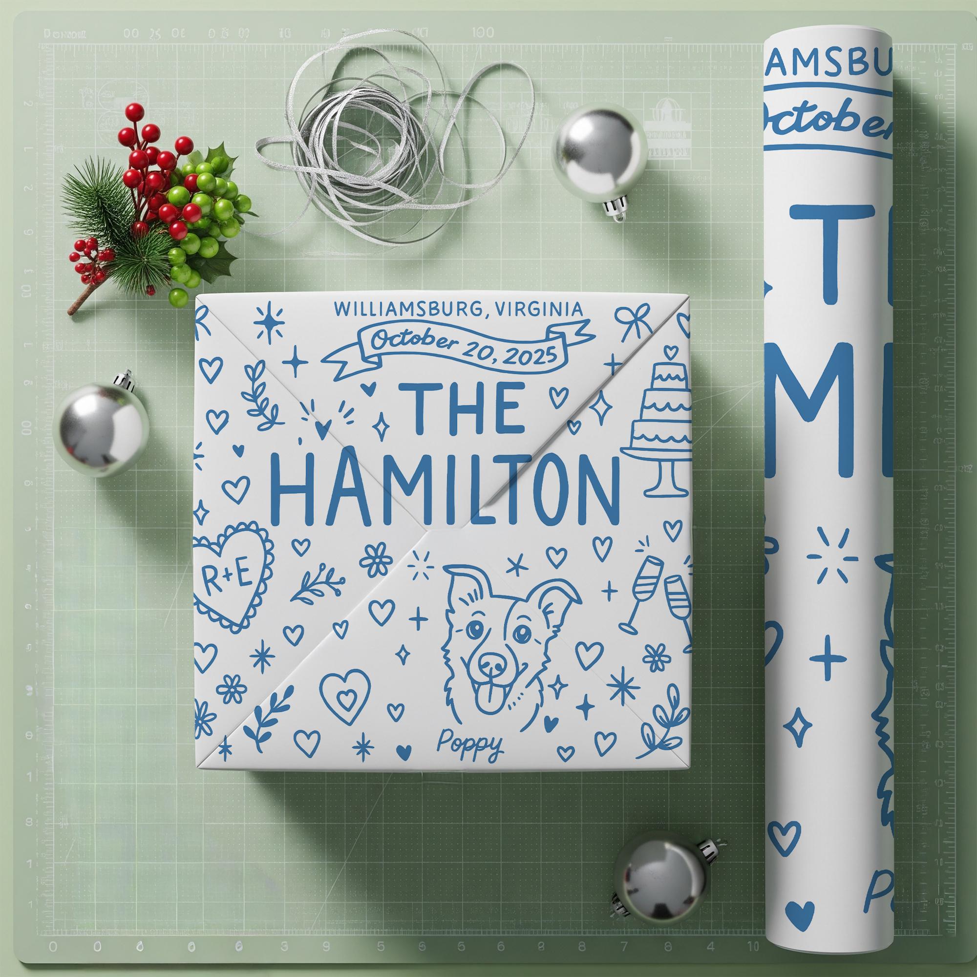 Personalized Wedding Wrapping Paper with Name, Date and Dog Illustration image 1