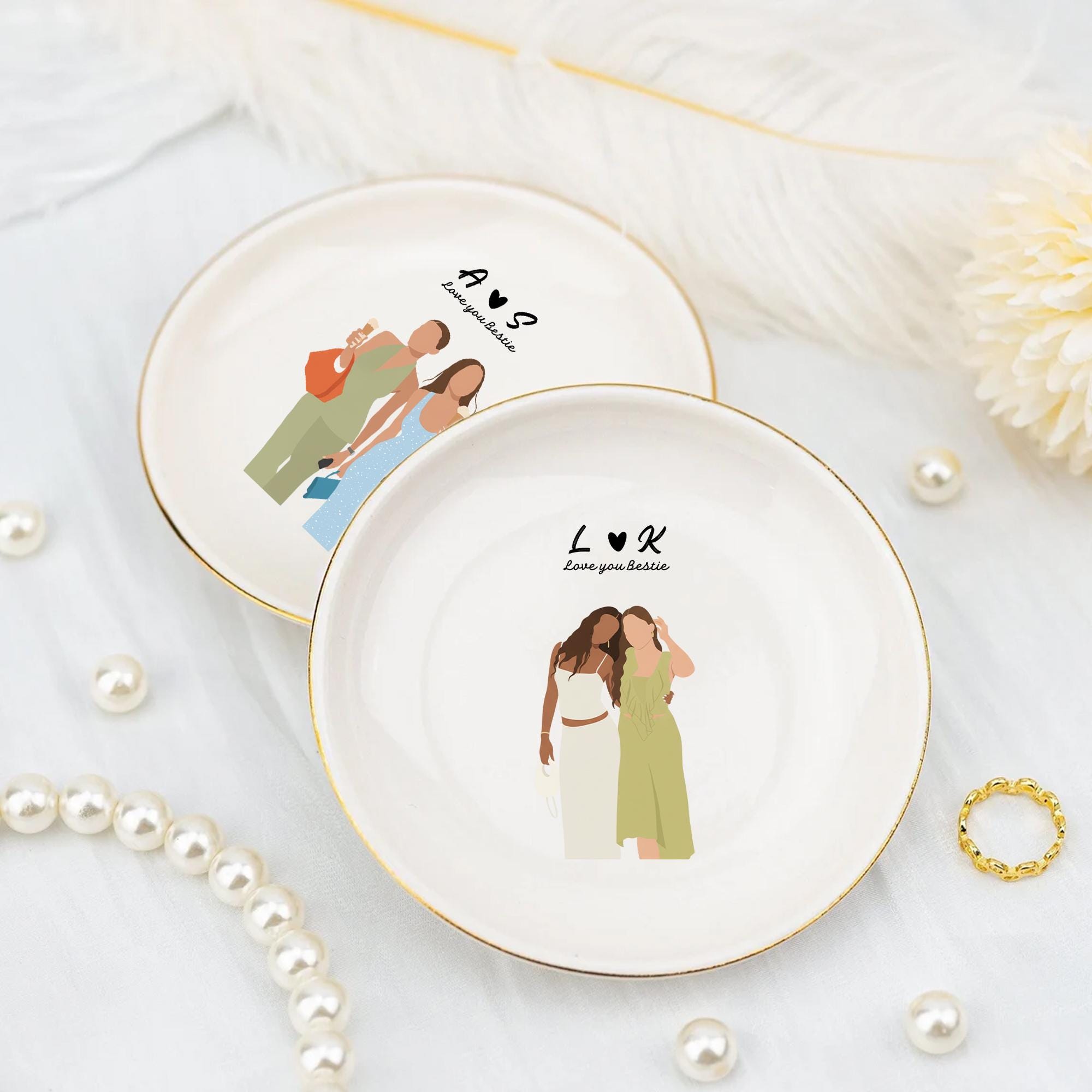 Personalized Ceramic Jewelry Tray with Custom Friends Illustration and Initials image 2