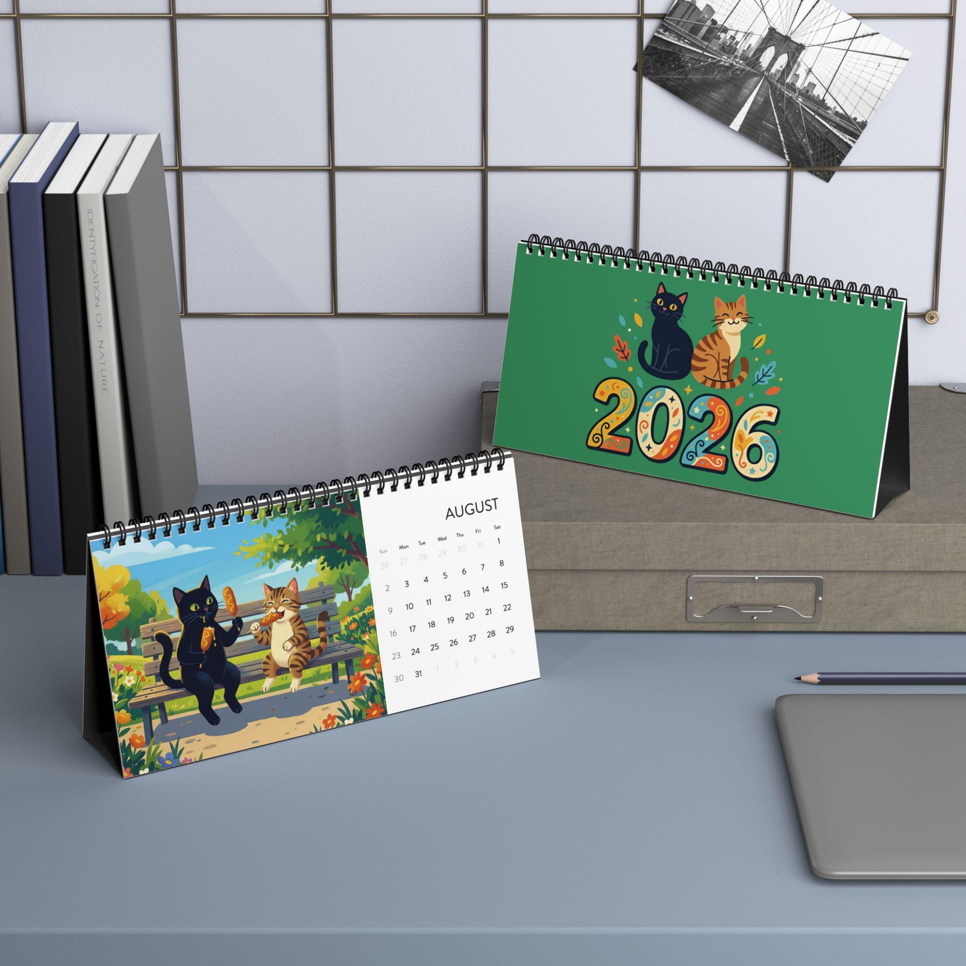 2026 Desk Calendar: Cat Illustration Art, Monthly Spiral Display, Colorful Animal Scenes image 2