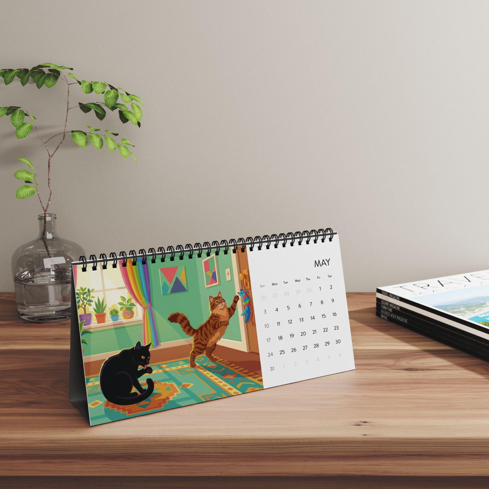 2026 Desk Calendar: Cat Illustration Art, Monthly Spiral Display, Colorful Animal Scenes image 6