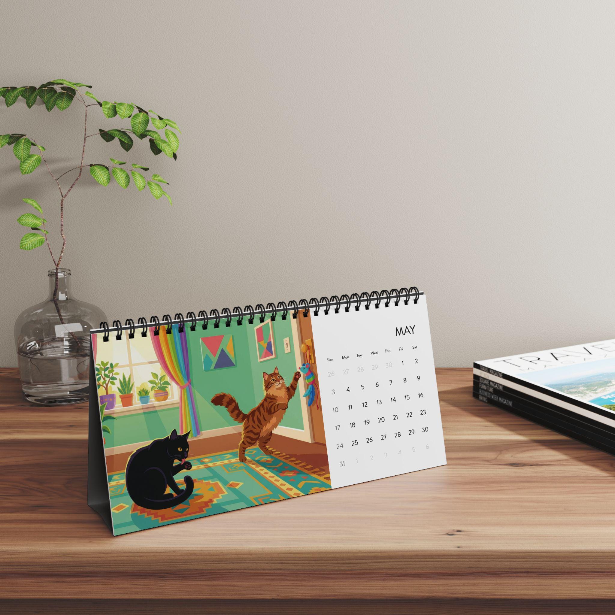 2026 Desk Calendar: Cat Illustration Art, Monthly Spiral Display, Colorful Animal Scenes image 6