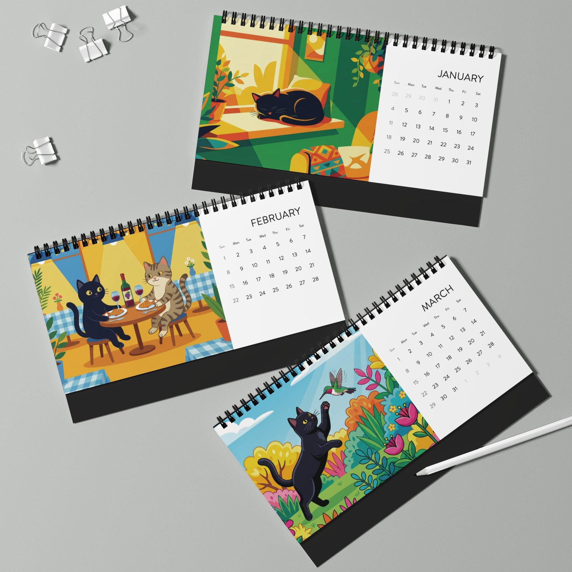 2026 Desk Calendar: Cat Illustration Art, Monthly Spiral Display, Colorful Animal Scenes image 1
